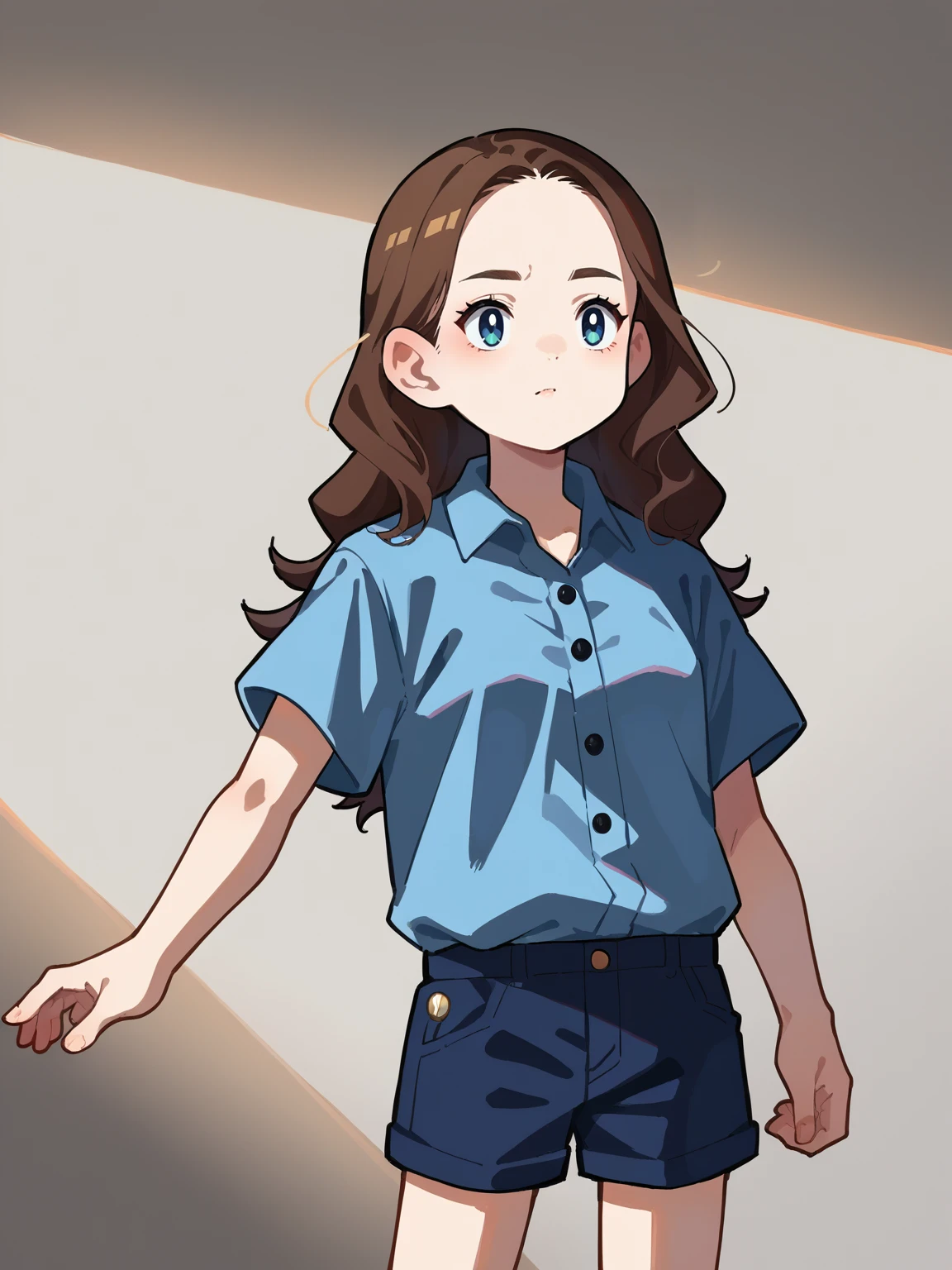 marioncotillard <lora:marioncotillard-pony-3:1>, chibi, source_anime, score_9, score_8_up, score_7_up,  1girl, solo, long hair, brown hair, blue Collared shirt and straight shorts   <lora:RabbitAndSteelXLLocon:0.7>