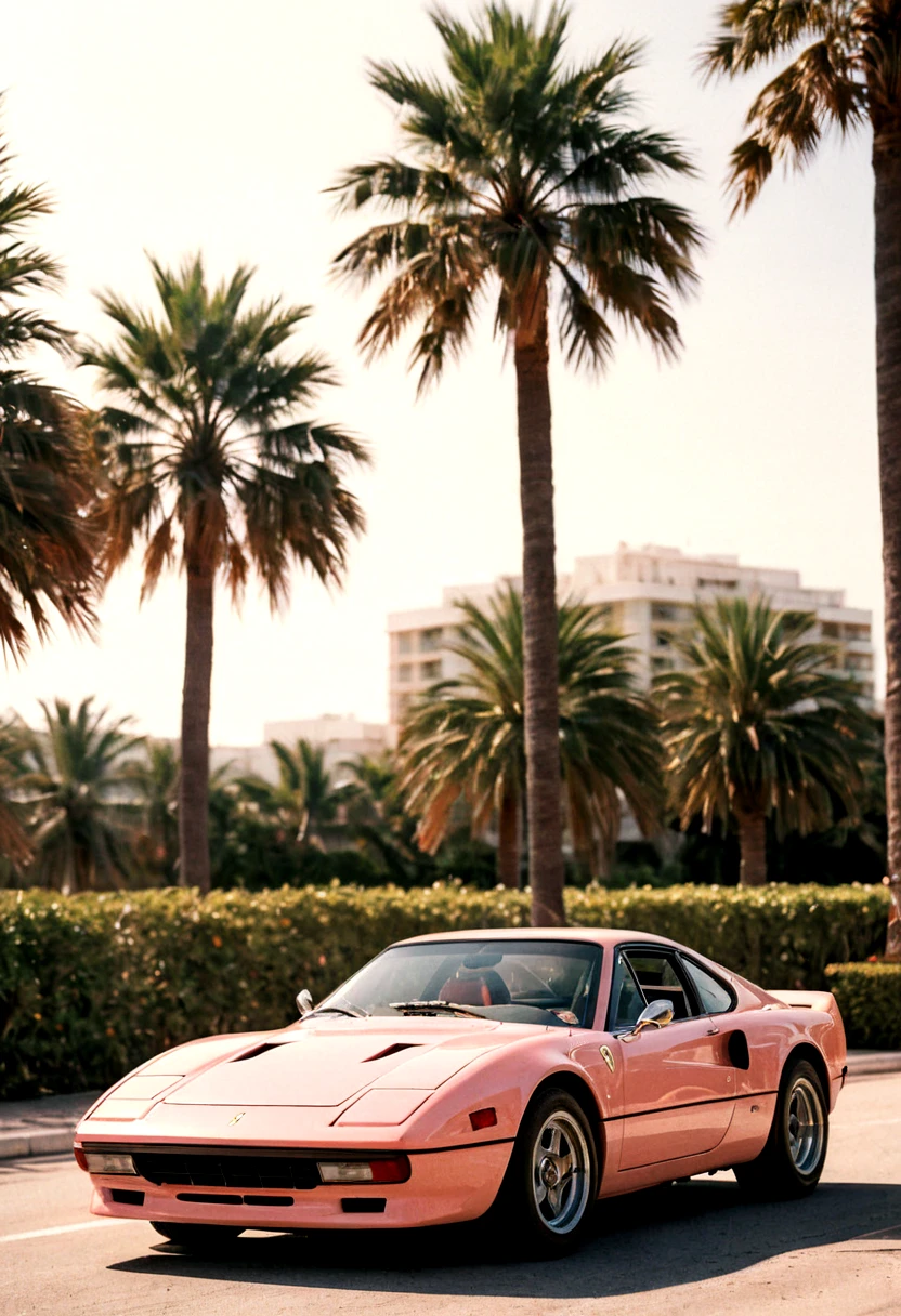 analog film photo (Sportscar, pastel Ferrari rally, side view, palm trees, sunny seaside cityscape), (film grain:1.5) . faded film, desaturated, 35mm photo, grainy, vignette, vintage, Kodachrome, Lomography, stained, highly detailed, found footage