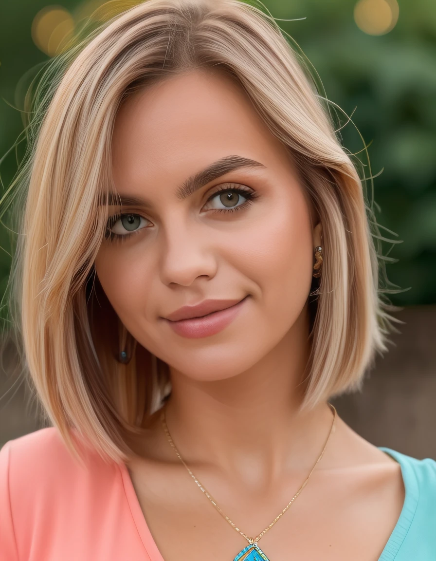 lanal, professional portrait of 1girl in a blue top, lip gloss, lips, youthful, pretty face, necklace, face details, looking at viewer, lips parted (bokeh green background), sharp focus