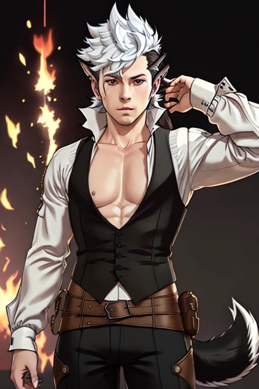 <lora:keaton:0.6> keaton, fire emblem, fates, man, (long hair), multicolor hair, white hairs on top, black hairs below, wolf ears, wolf tail, fluffy tail, wolfskin, red eyes, mischievous, fierce, muscular build, no shirt, shirtless, open sleeveless black vest, black trousers, brown gauntlets, boots, ultra detailed digital art, dramatic, trending on artstation, sharp focus, perfect composition, concept art, 8k, studio photo, ethereal colors background, volumetric lighting, light studio, vibrant, intricate details, tonemapping, <lora:add_detail:0.6>