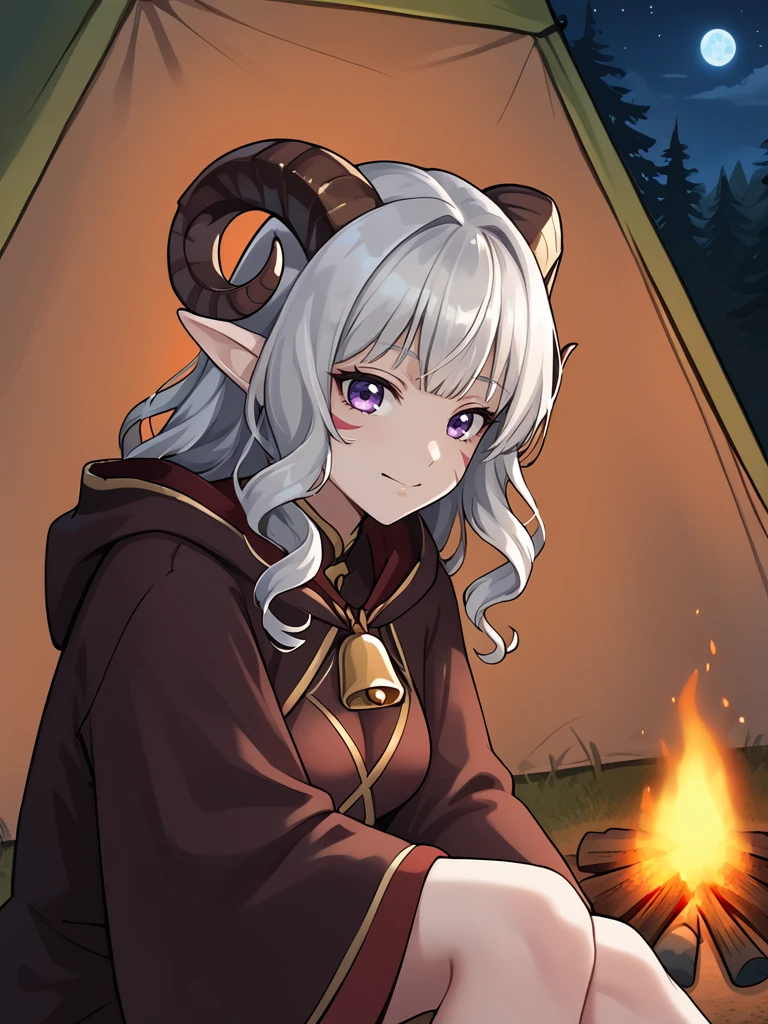 source_furry, score_7_up, rating_safe, gold necklace, tiefing, short pointed ears, brown horns, (a pair of brown sheep Horns that begin at her temples and curve back: 1.5), bangs, long silver hair long wavy hair, pale skin, short pointy ears, purple eyes, <lora:age_slider_v4:0.6>   medium breasts, skinny female, close up, silver hair, <lora:Tieflingnew weird fantasyDND:0.3> Tiefling, pointed ears, horns, <lora:Smooth Style 2 SDXL_LoRA_Pony Diffusion V6 XL:0.5> bell, robe, hood off,  < <lora:whisker_markings:0.8>red whisker_markings, 
 <lora:Campfire:0.8> campfire, tent