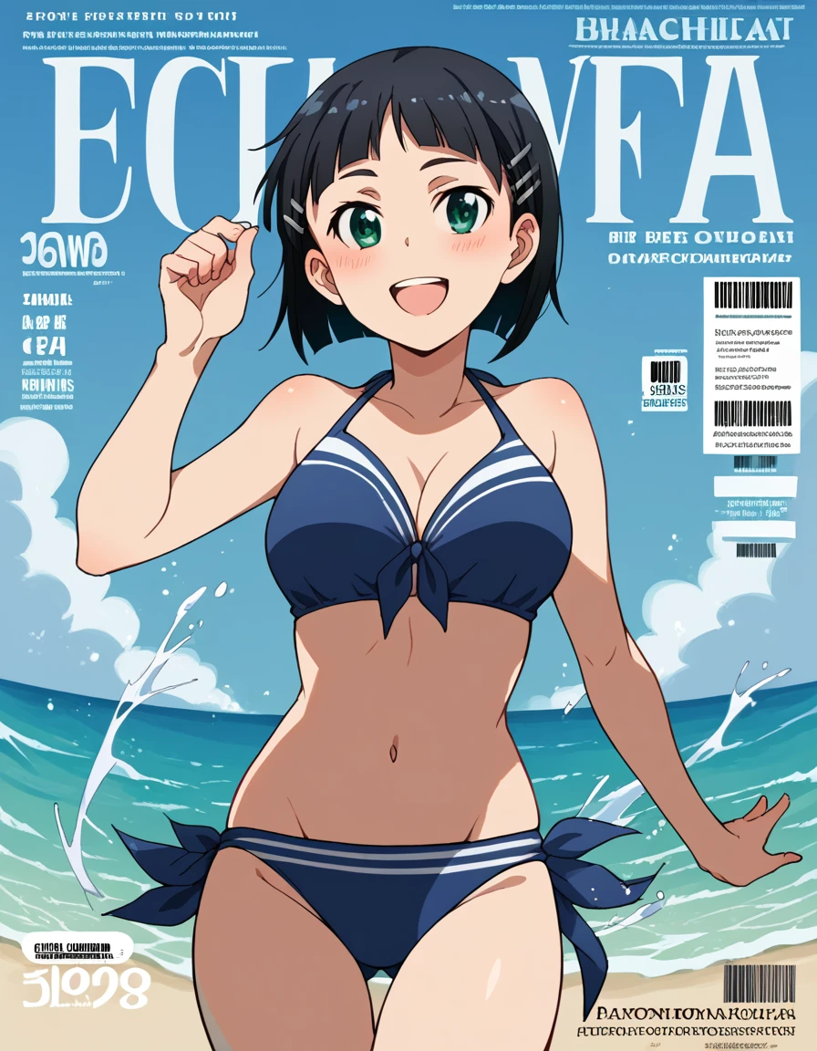 score_9, score_8_up, score_7_up, source_anime, suguhakirigaya, <lora:suguha-kirigaya-s1-ponyxl-lora-nochekaiser:1>, suguha kirigaya, short hair, black hair, hair ornament, hairclip, green eyes, large breasts,, <lora:magazine-cover-ponyxl-lora-nochekaiser:1>, magazine cover, fake magazine cover, cover, fake cover, price, cover page, text focus, barcode, content rating, dated,, beach, swimsuit, open mouth, splashing, smile, blush, bikini, navel,, cowboy shot, dutch angle,