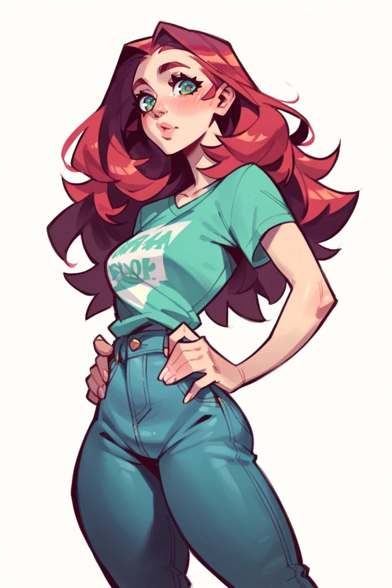 score_9, score_8_up, score_7_up, score_6_up, score_5_up, rating_questionable, source cartoon
1girl, pretty face, pretty eyes, detailed eyes, HD eyes, thick thighs
hands on hips, standing, cowboy shot
looking at viewer, blush, eyebrows, long hair, red hair, green eyes jeans, green t-shirt, boots, high waisted jeans
simple background, white background
 <lora:Shinki:1>