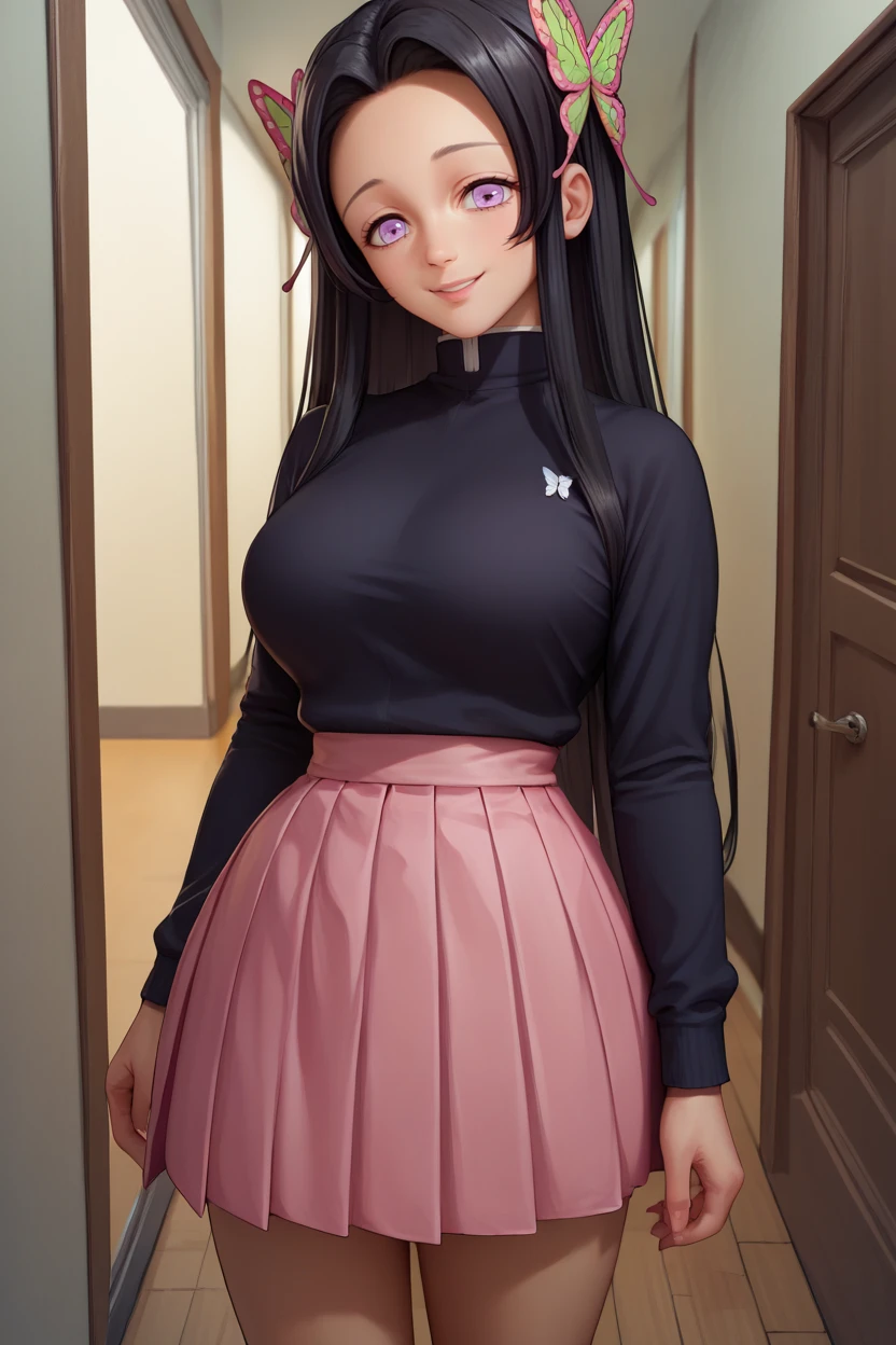 score_9, score_8_up, score_7_up, score_6_up, source_anime, 1girl, solo, <lora:dskanae-pdxl-nvwls-v1-000005:1> dsKanae, black hair, long hair, butterfly hair ornament, black sweater, long sleeves, pink skirt, pleated skirt, hallway, looking at you, big breasts, smile