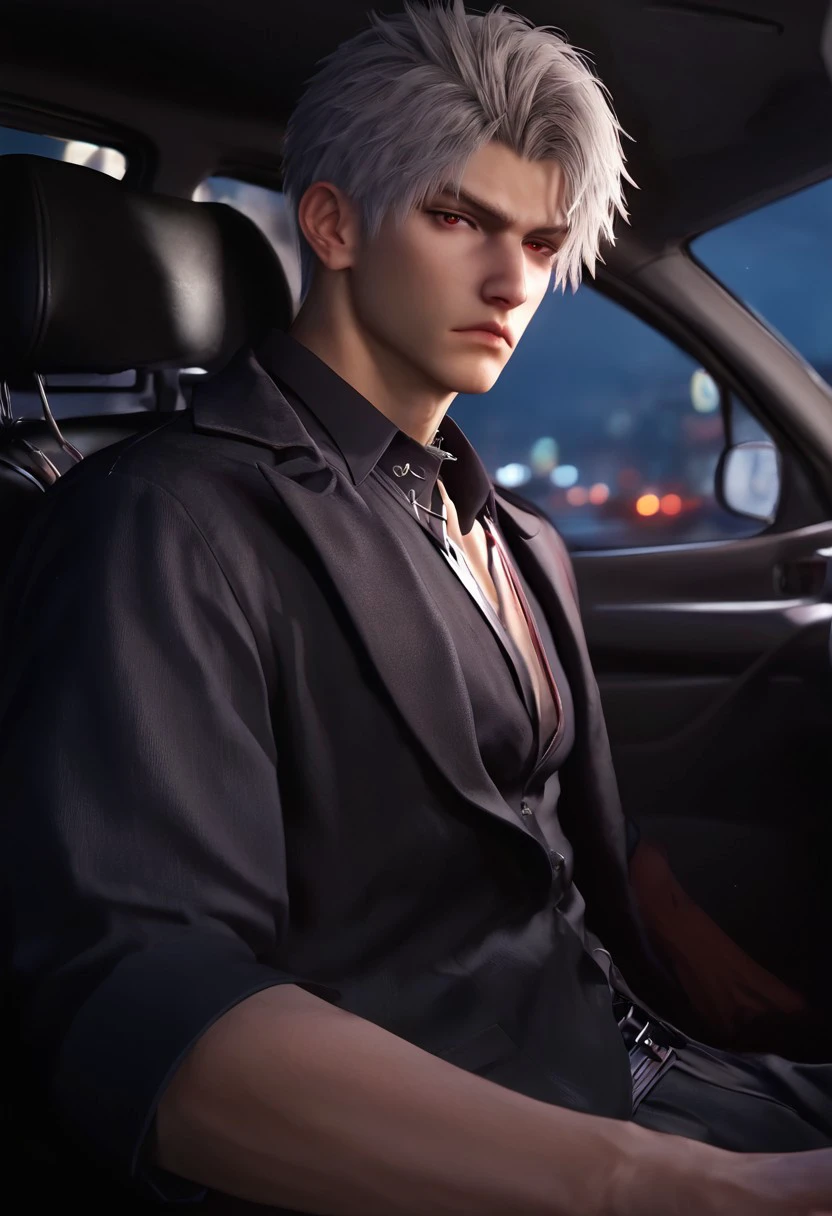 1boy, solo, male focus, toned male, Sylus_(Love_and_Deepspace), Sylus, Qinche, White hair, Red eyes, pale skin, detailed eyes, satisfaction, satisfied, neutral, sad looking,
dark theme, night, intense shadow, intimidating, chest close to viewer, dark light, no light, dark out, shadow, 
(black coat over shoulder:1.1), black collar shirt, black vest, black collar shirt button, wearing a tie, black pants, sweaty hair, long sleeves, modest clothing, looking at viewer, from side view,
sitting inside a car, sit inside a car, riding a car, front view, seductive, romantic, in a car, (lounging:1.1), relax
rating PG, score_9,score_8_up,score_7_up, source_anime, male focus, Muscular, big thigh, big thigh, big chest, hung, manly, tall, detailed eyebrow, sharp eyebrows, focus on thigh, hairy thigh, thigh focus, random view