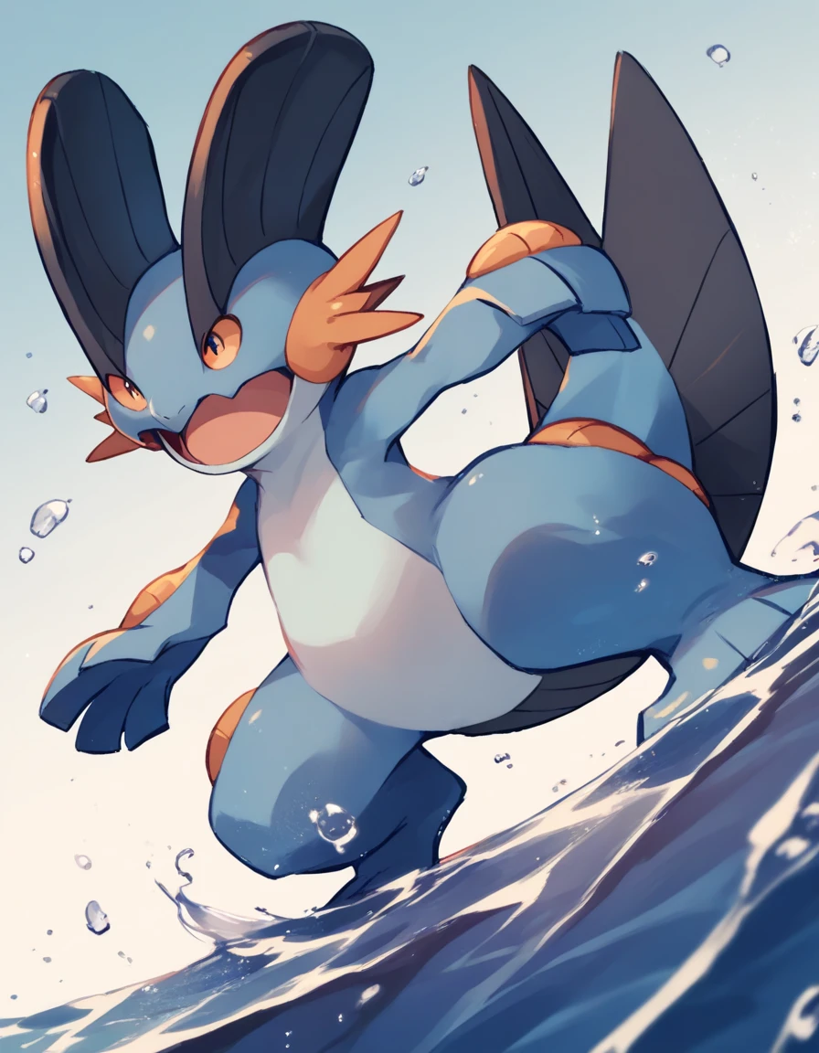 score_9, score_8_up, score_7_up, score_6_up, score_5_up, score_4_up, swampert, solo, full body, dynamic pose, dutch angle, from below, water, open mouth