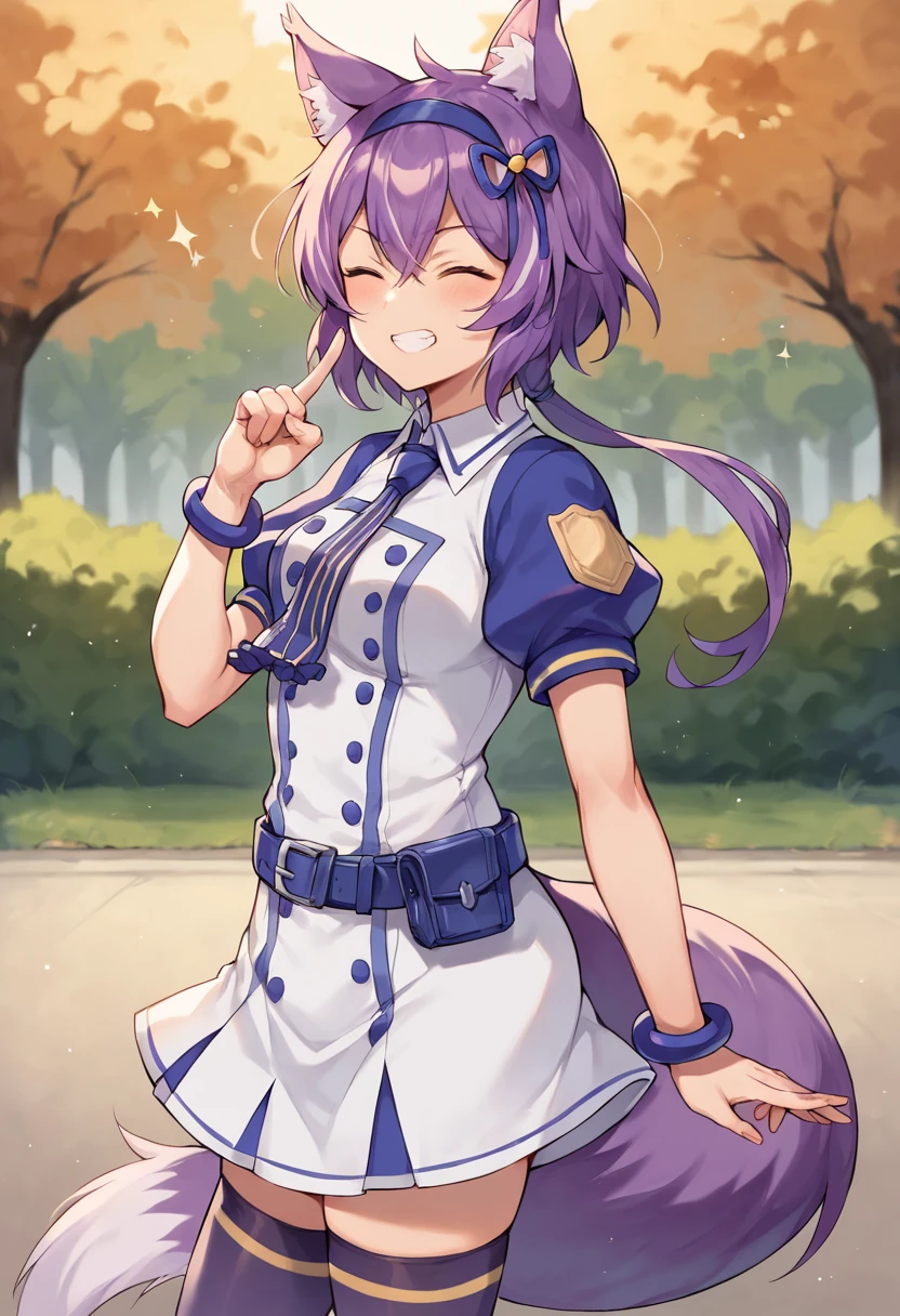 score_9,score_8_up,score_7_up,score_6_up,score_5_up,source_anime,1girl,solo,little_girl,ruhuyu_(show_by_rock!!),purple hair,low ponytail,animal ears,hairband,hair ornament,tail,hair between eyes,dress,necktie,short_sleeves,puffy sleeves,blue Sleeves,purple thighhighs,belt,bracelet on left hand,white skirt,<lora:ruhuyuSB69:1>,standing,closed eyes,:>,cowboy_shot,smirk,park,looking_at_viewer,from_side,index_finger_raised,in autumn,dusk,