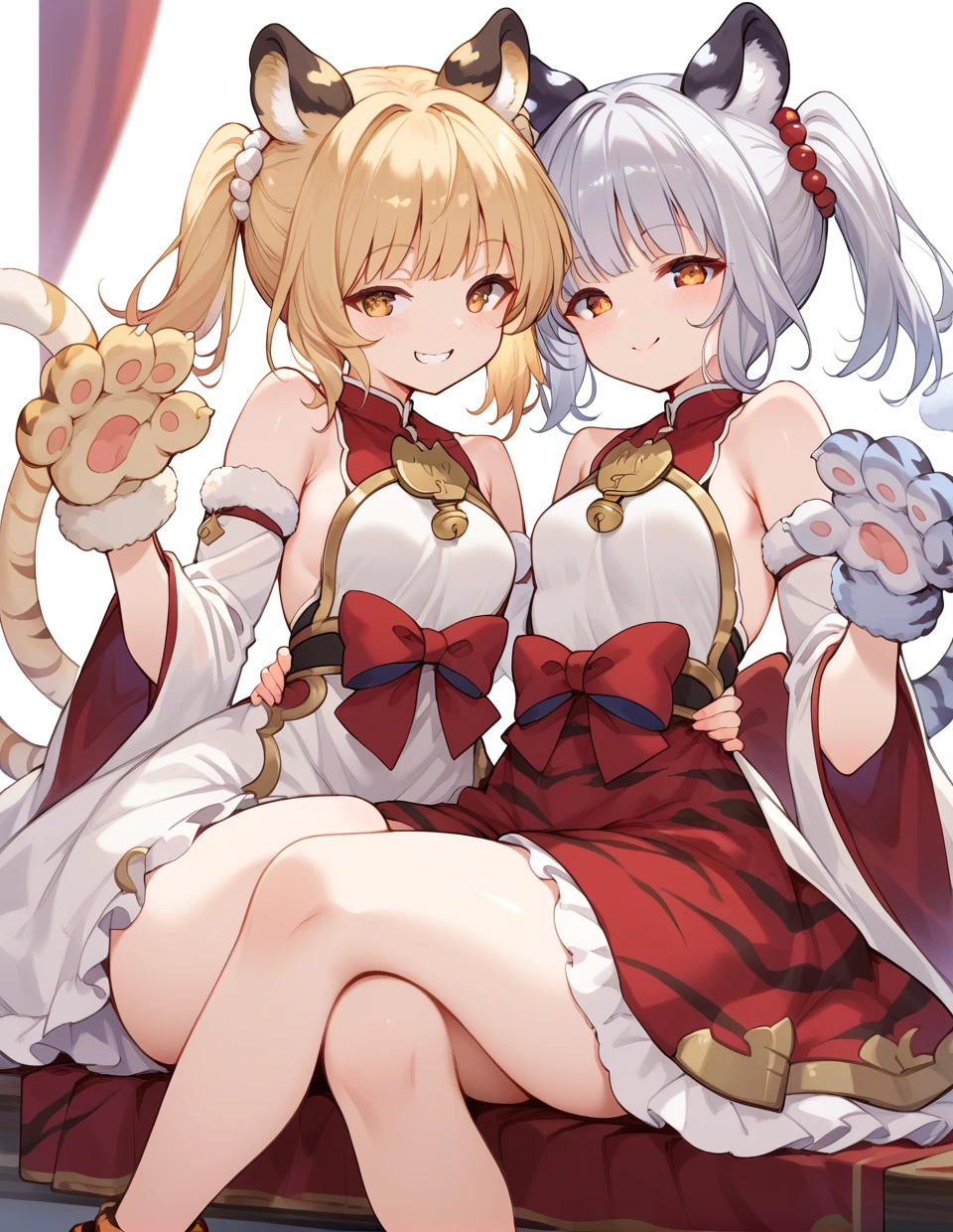 <lora:bai and huang_pony:1>,bai and huang,tiger tail,tiger ears,tiger girl,tiger paws,
multiple girls,animal ears,blonde hair,silver hair,small breasts,
bare shoulders,2girls,animal hands,
dress,wide sleeves,sleeveless,giggling,thighs,sitting,smile,, score_9,score_8_up,score_7_up,score_6_up,score_5_up,score_4_up,
