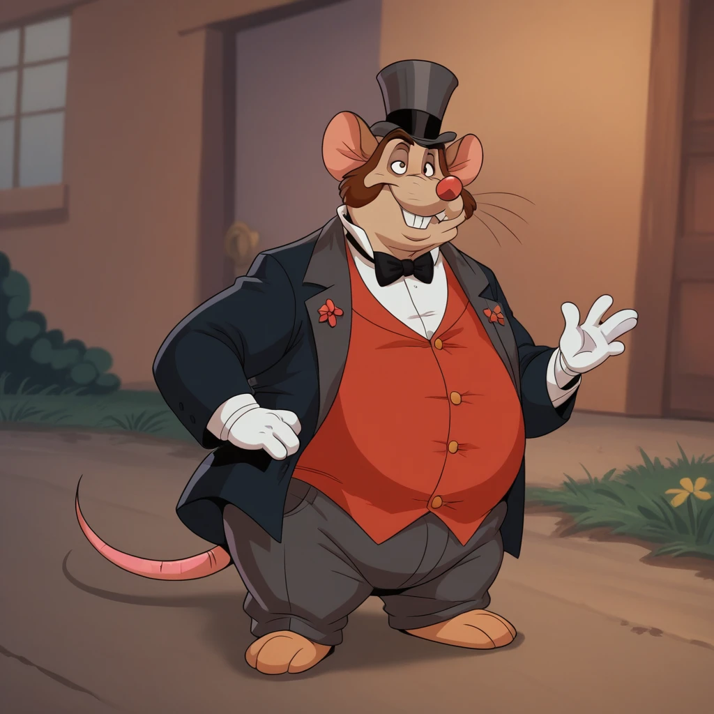 score_8_up, BREAK, HonestJohn, 1boy,  solo, furry male, fat, top hat, black bowtie, red vest, suit, pants, full body, mouse tail, <lora:HonestJohn_AAT_PXL_Leaf1:0.8>, outdoors,