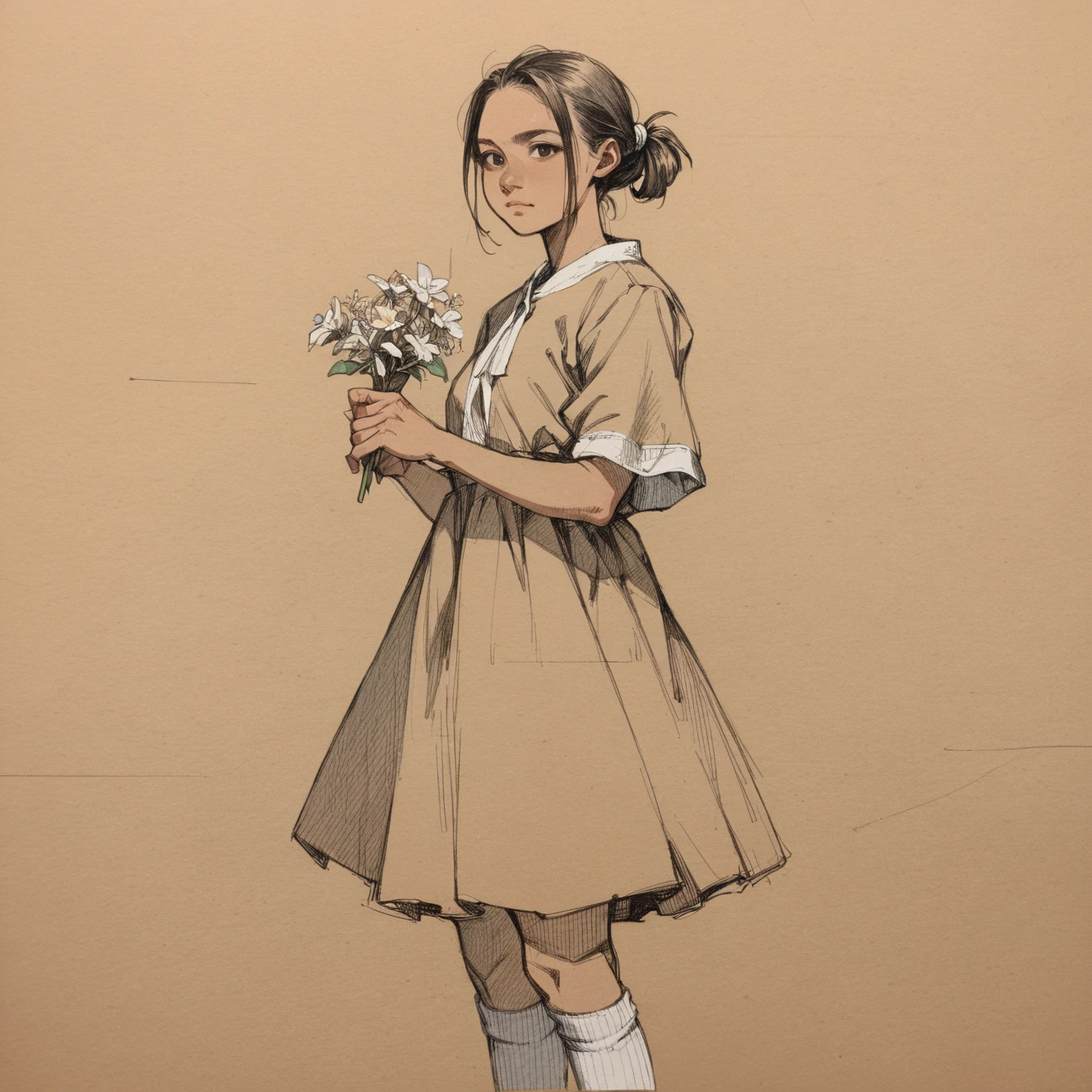 score_9, score_8_up, score_7_up, score_6_up, source_anime, woman, long hair, dress, holding a flower, looking at viewer, hair tie, knee socks,  pencil sketch in chrc_style, drawing, texture, loose lines, beige paper,<lora:Pencil_charcoal_Pony-10:1>