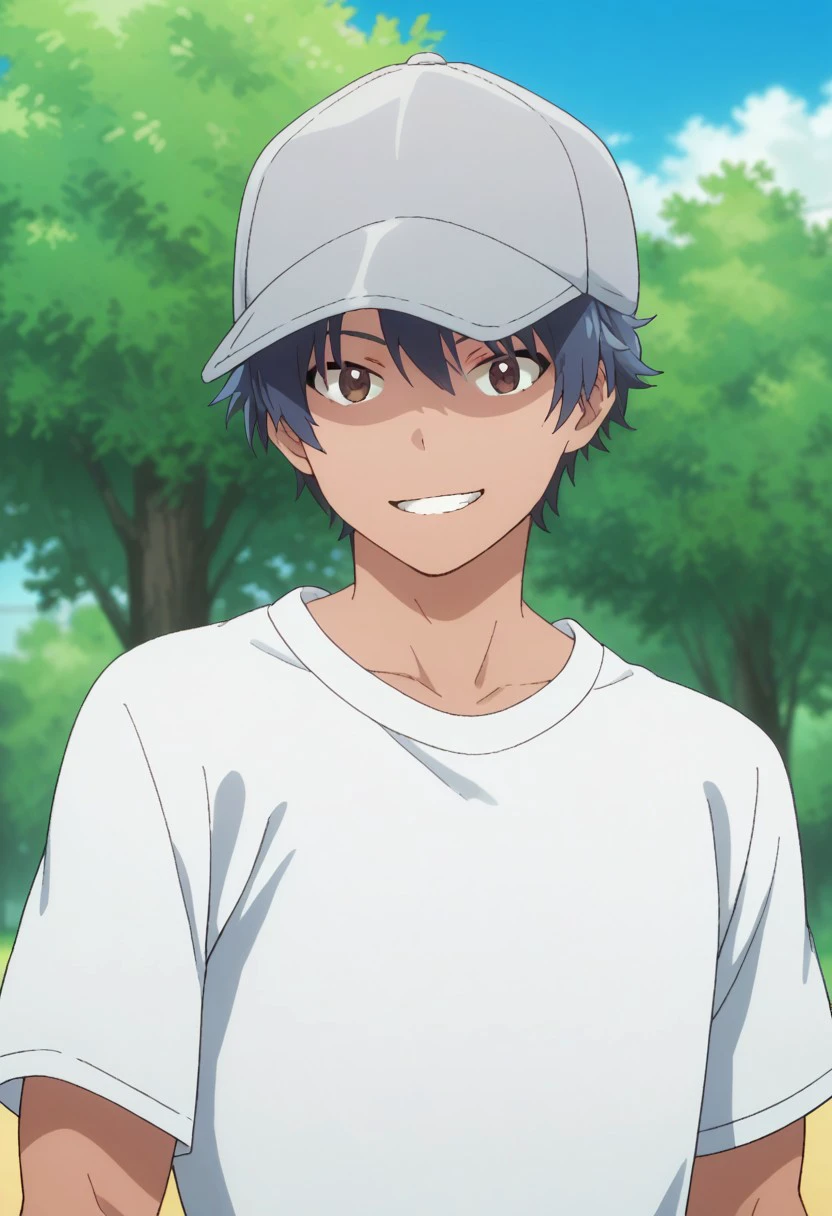 score_9, score_8_up, score_7_up, source_anime, highly detailed, 
tsubasa, 1boy, solo, male focus, dark skin, blue hair, brown eyes, hat, baseball cap, grey hat, t-shirt, black t-shirt, upper body, smile
outdoor, tree, sky