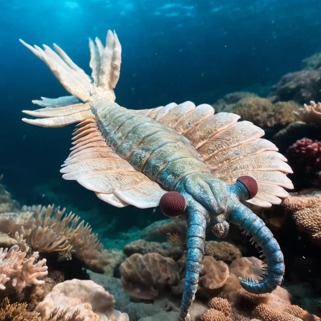 professional wildlife photo of blue anomalocaris swimming in coral reef, detailed crustacean shell texture, warm natural sunlight, particles in the water, corals in the background, style of natural geographic, highly detailed, photorealistic <lora:anomalocaris:0.75>