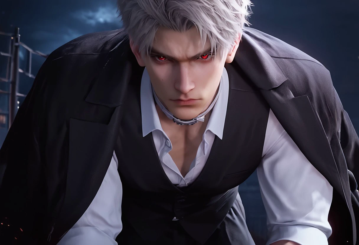 1boy, solo, male focus, toned male, Sylus_(Love_and_Deepspace), Sylus, Qinche, White hair, Red eyes, pale skin, detailed eyes, satisfaction, satisfied, neutral, sad looking,
dark theme, night, intense shadow, intimidating, chest close to viewer, dark light, no light, dark out, shadow, 
(black coat over shoulder:1.1), white collar shirt, black vest, white collar shirt button, socks, wearing a tie, black pants, sweaty hair, long sleeves, modest clothing, looking at viewer, chest close to viewer, 
all fours, restraining viewer, front view, seductive, romantic
rating PG, score_9,score_8_up,score_7_up, source_anime, male focus, Muscular, big thigh, big thigh, big chest, hung, manly, tall, detailed eyebrow, sharp eyebrows, focus on thigh, hairy thigh, thigh focus, random view