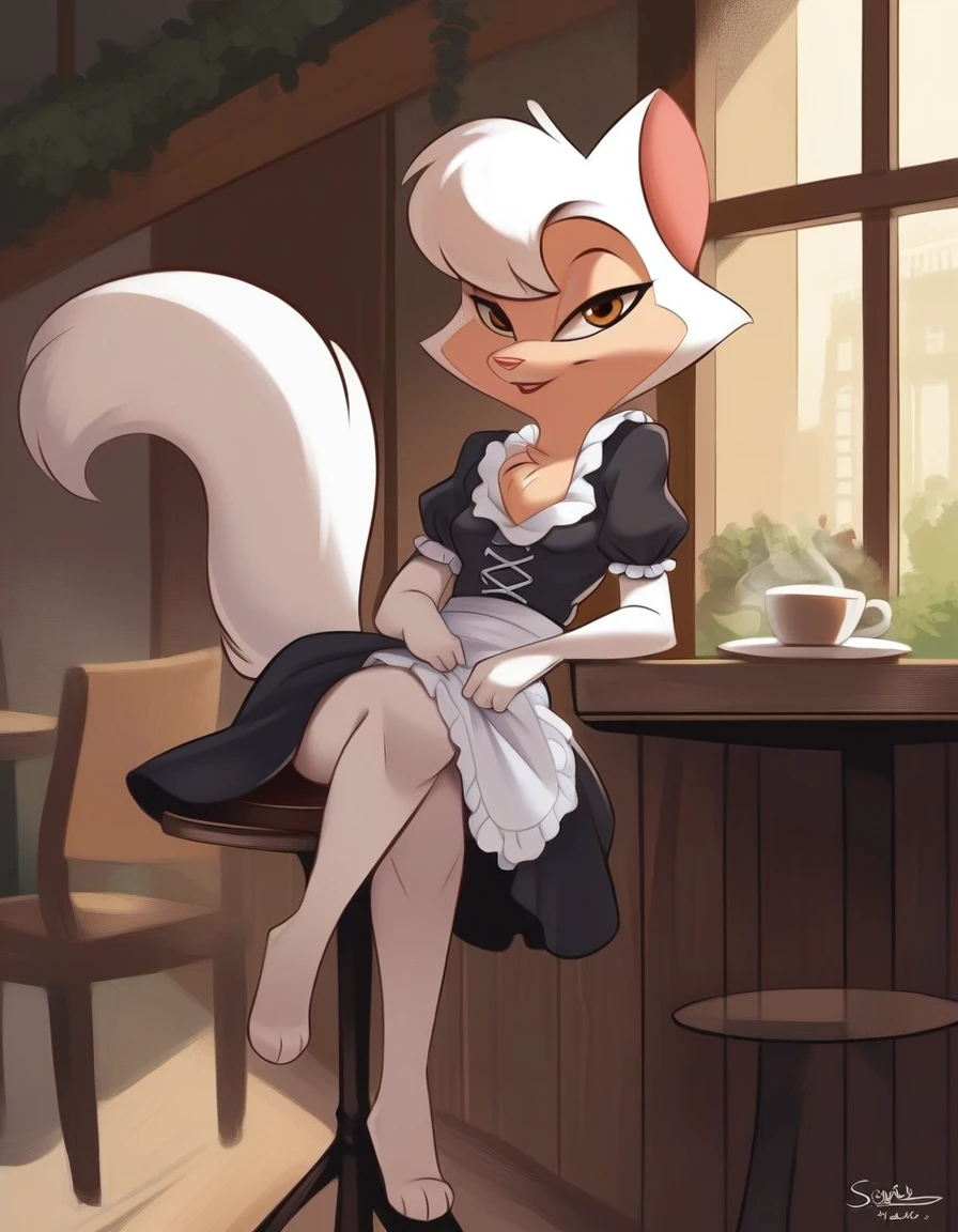 1girl, solo, anthro, furry, feline, sawyer_cdd, detailed fluffy fur, body fur, white fur, long fluffy tail, chest tuft, small breasts, maid uniform, cafe, coffee, tables, chairs, masterpiece, newest, late, detailed, shaded, lighting, detailed face, detailed eyes, detailed background, <lora:sawyerXL-v1:1>