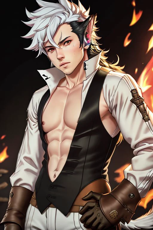 <lora:keaton:0.6> keaton, fire emblem, fates, man, (long hair), multicolor hair, white hairs on top, black hairs below, wolf ears, wolf tail, fluffy tail, wolfskin, red eyes, mischievous, fierce, muscular build, muscle, shirtless, black trousers, flexing muscles, brown gauntlets, boots, ultra detailed digital art, dramatic, trending on artstation, sharp focus, perfect composition, concept art, 8k, studio photo, ethereal colors background, volumetric lighting, light studio, vibrant, intricate details, tonemapping, <lora:add_detail:0.6>