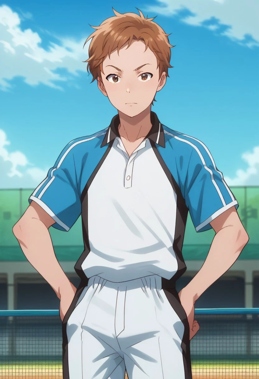 score_9, score_8_up, score_7_up, source_anime, highly detailed, 
shingo, 1boy, male focus, solo, hands on hips, sportswear, upper body, shorts, brown hair, looking at viewer, white shorts, brown eyes, standing, tennis uniform,
raglan sleeves, blue shirt, white shirt,
outdoor, sky, blue sky,