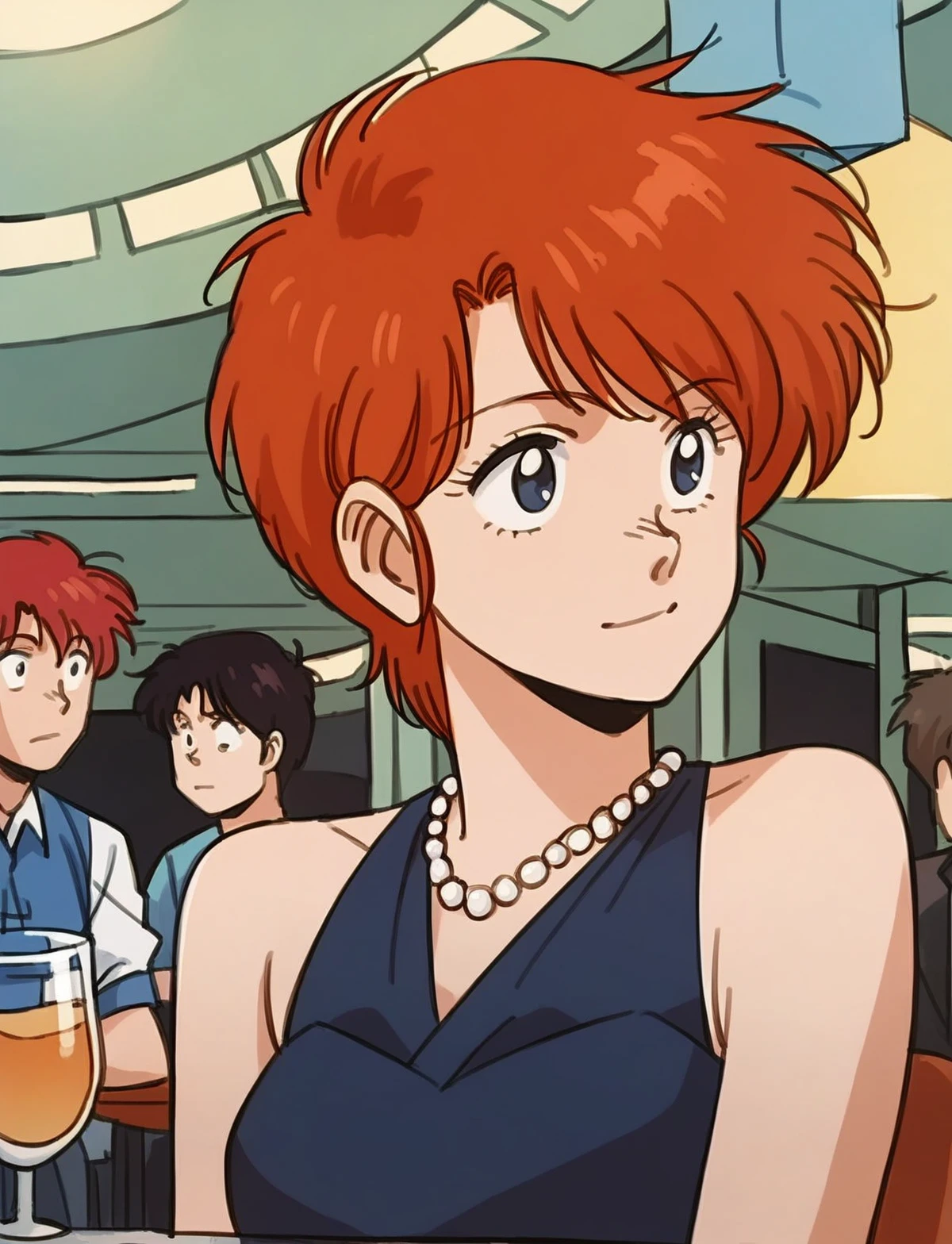 leonaozaki, source_manga, rating_safe,  score_8_up, score_7_up, couple, 1girl, short red hair, messy hair, black evening dress, sleeveless, jewellery, necklace,  <lora:Leona_Ozaki_Dominion_Tank_Police:0.8>, upper body, at a crowded restaurant