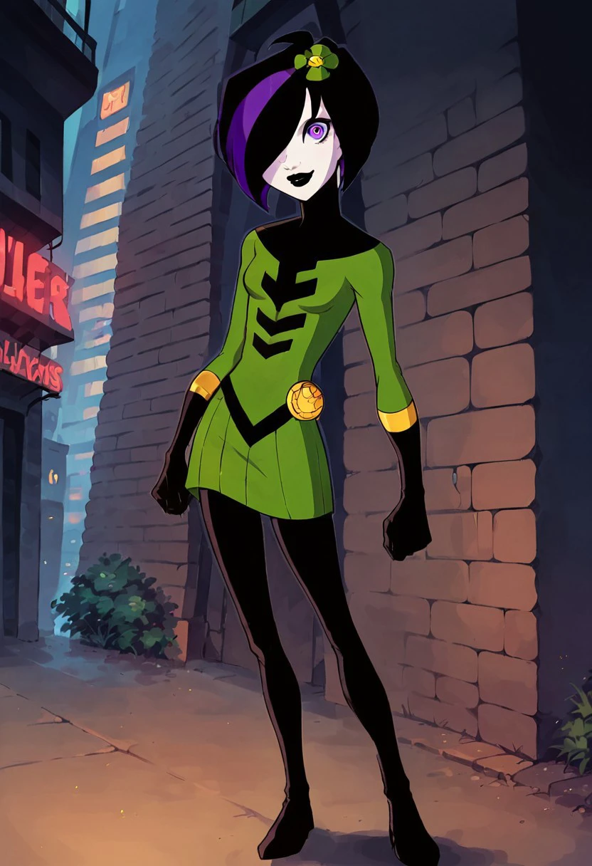 1girl, score_9, score_8_up, score_7_up, western cartoon, black belt, black lipstick, black gloves, purple eyes, black hair, dark purple streak in hair, hair cover one eye, medium bob, white skin, black leggings, black belt, gold circle on belt, green flower in hair, bright green dress, long sleeves, bright green sleeves, gold trim on gloves, black turtleneck, black top of dress, standing, looking at viewer, smile, masterpiece, high quality, full body, petite, short height, short dress, rundown city, street, cute face, young, small bust, skinny, neon lighting, very detailed, depth of field, cinematic illumination, volumetric lighting, full color picture, vibrant colors,