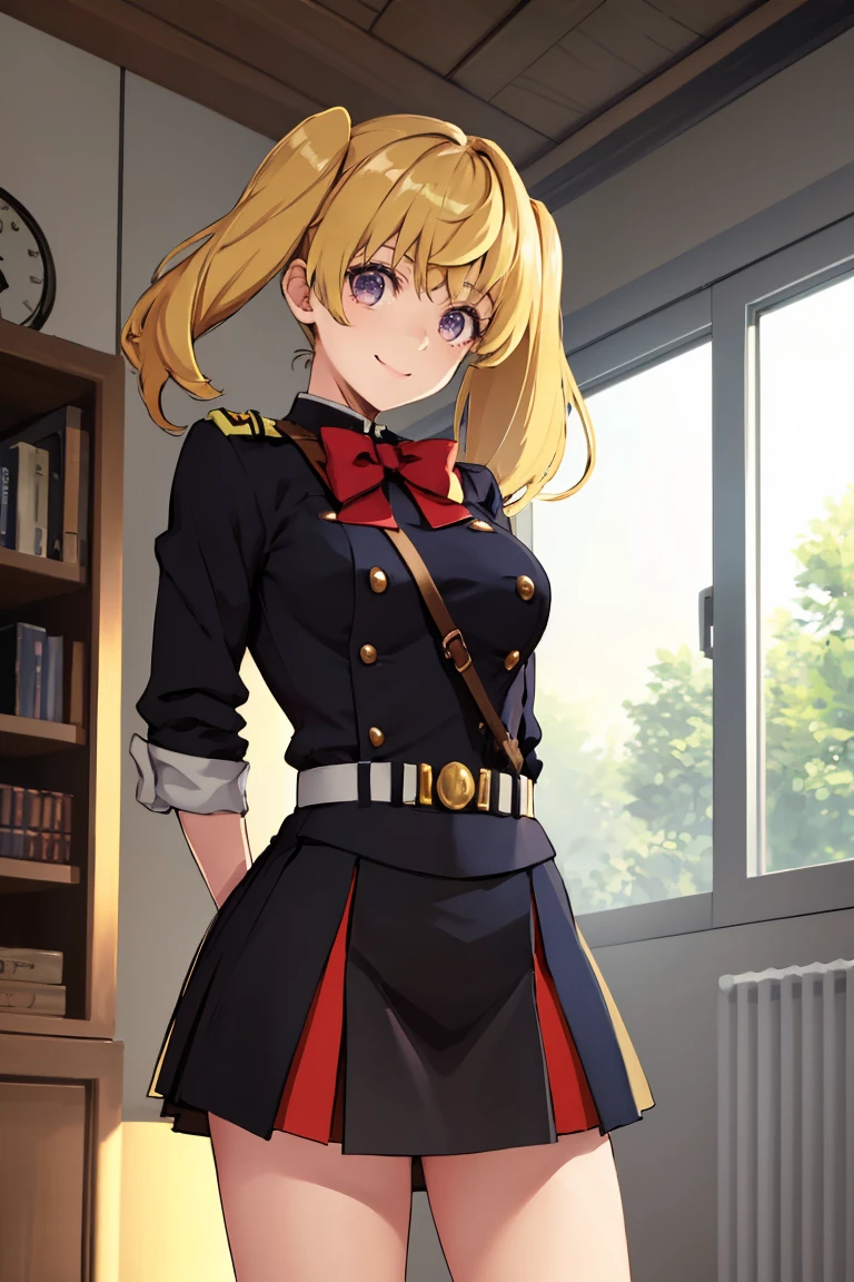 masterpiece, best quality, absurdres, 1girl, solo, MitsubaSanguu, short hair, twintails, red bowtie, military uniform, black uniform, belt, black skirt, white gloves, indoors, smile, arms behind back, <lora:CHAR-MitsubaSanguu:1>