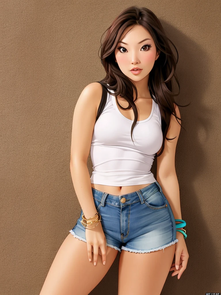 4s44k1r4, 1girl, solo, long hair, brown hair, brown eyes, jewelry, shorts, bracelet, lips, short shorts, tank top, denim, denim shorts, realistic<lora:4s44k1r4:1.0>