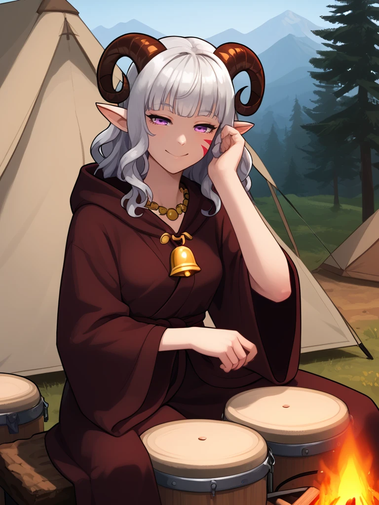 source_furry, score_7_up, rating_safe, gold necklace, tiefing, short pointed ears, brown horns, (a pair of brown sheep Horns that begin at her temples and curve back: 1.5), bangs, long silver hair long wavy hair, pale skin, short pointy ears, purple eyes, <lora:age_slider_v4:0.6>   medium breasts, skinny female, close up, silver hair, <lora:Tieflingnew weird fantasyDND:0.3> Tiefling, pointed ears, horns, <lora:Smooth Style 2 SDXL_LoRA_Pony Diffusion V6 XL:0.5> bell, robe, hood off,  <lora:whisker_markings:0.8>red whisker_markings, half-closed eyes:0.5, smile, 
<lora:bongo_drum:1> ,small bongo_drum , drumming, sitting, bare hand, no holding, dancing:1.4, cowboy shot, strap:1.2, solo,
<lora:Campfire:0.8> campfire, tent, from abve