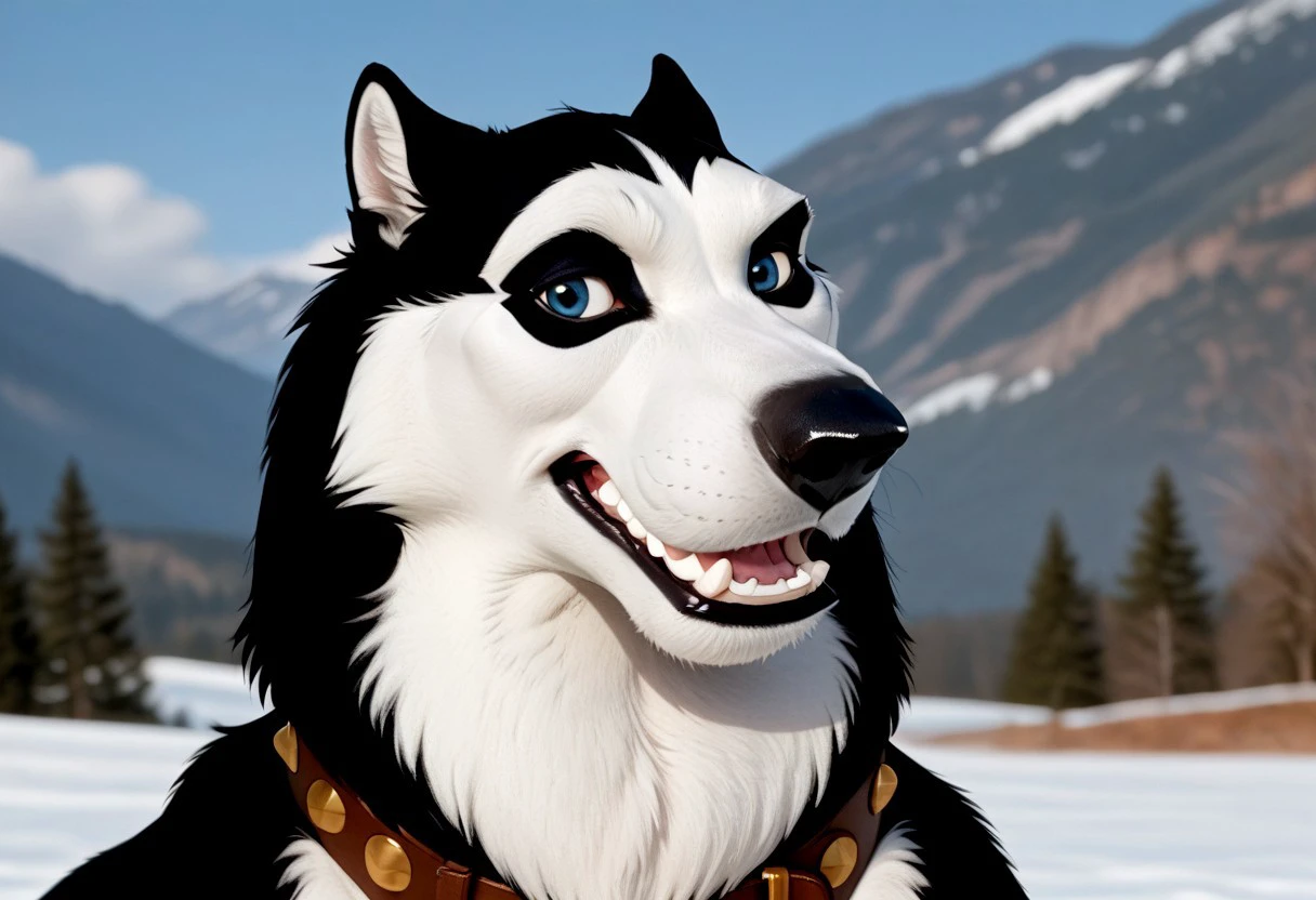 score_9, score_8_up, score_7_up, score_6_up, score_5_up, score_4_up, photorealistic, (Steele /balto/), husky, male husky, anthro male, anthropomorphic husky, furry male, crazy, toothy-smile, canine teeth, sinister, looking at viewer, head shot, black and white fur, white snout, white face, black shoulders, black back, white chest, blue eyes, dark-blue eyelids, cheekbones, big collar, thick collar, studded collar, brown collar, leather collar, giant muscles, big muscles, broad shoulders, thick neck, brass buckle, flexing arm, 1boi, solo