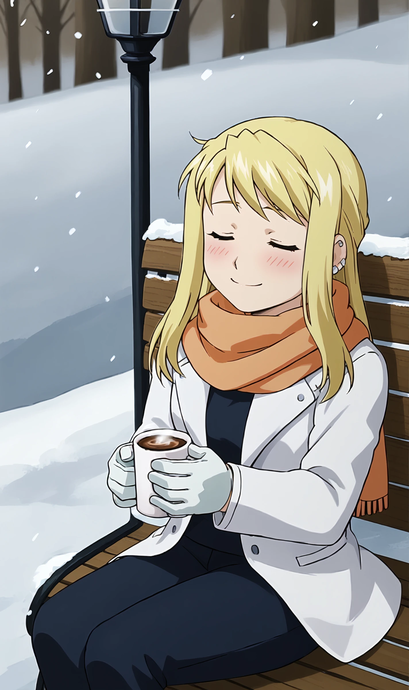 WR, 1girl, solo, blonde, closed eyes, piercings, smile, bliss, blush, looking up, ((snow falling)), outside, snow, winter, sitting on bench, drinking hot cocoa, orange scarf, white coat, winter gloves, pants, <lora:Winry Rockbell Pony XL:0.7>