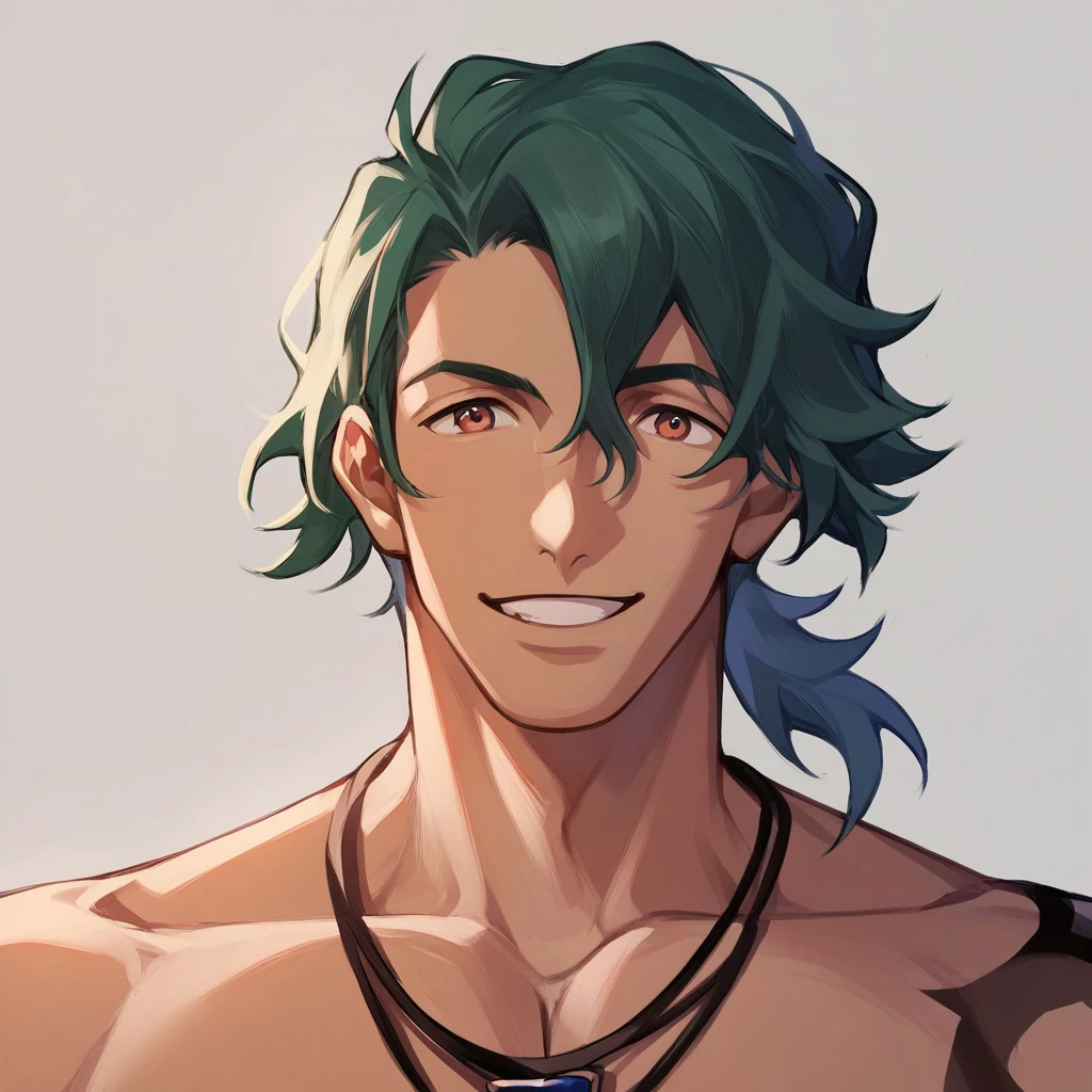 score_9, score_8_up, score_7_up, score_6_up, source_anime BREAK 1boy, JoeSk8, male, topless, necklace, green hair, headshot portrait, smile, masculine face