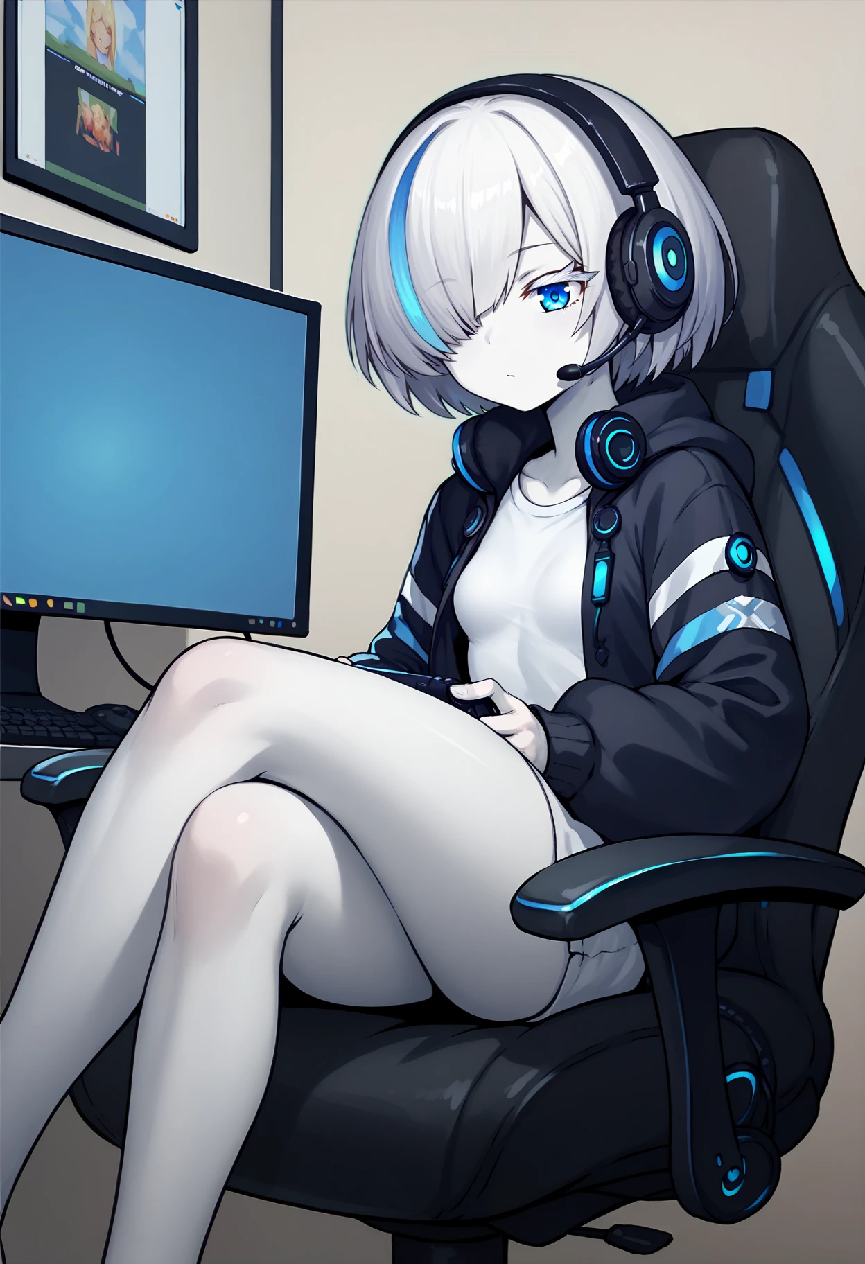 score_9, score_7_up, BREAK, white shirt, black jacket, crossed legs, sitting, playing games, computer, headset, 
<lora:tbazurlanev2:1>, white skin, blue eyes, multicolored hair, streaked hair, colored eyelashes, tbtypea, short hair, hair over one eye, small breasts