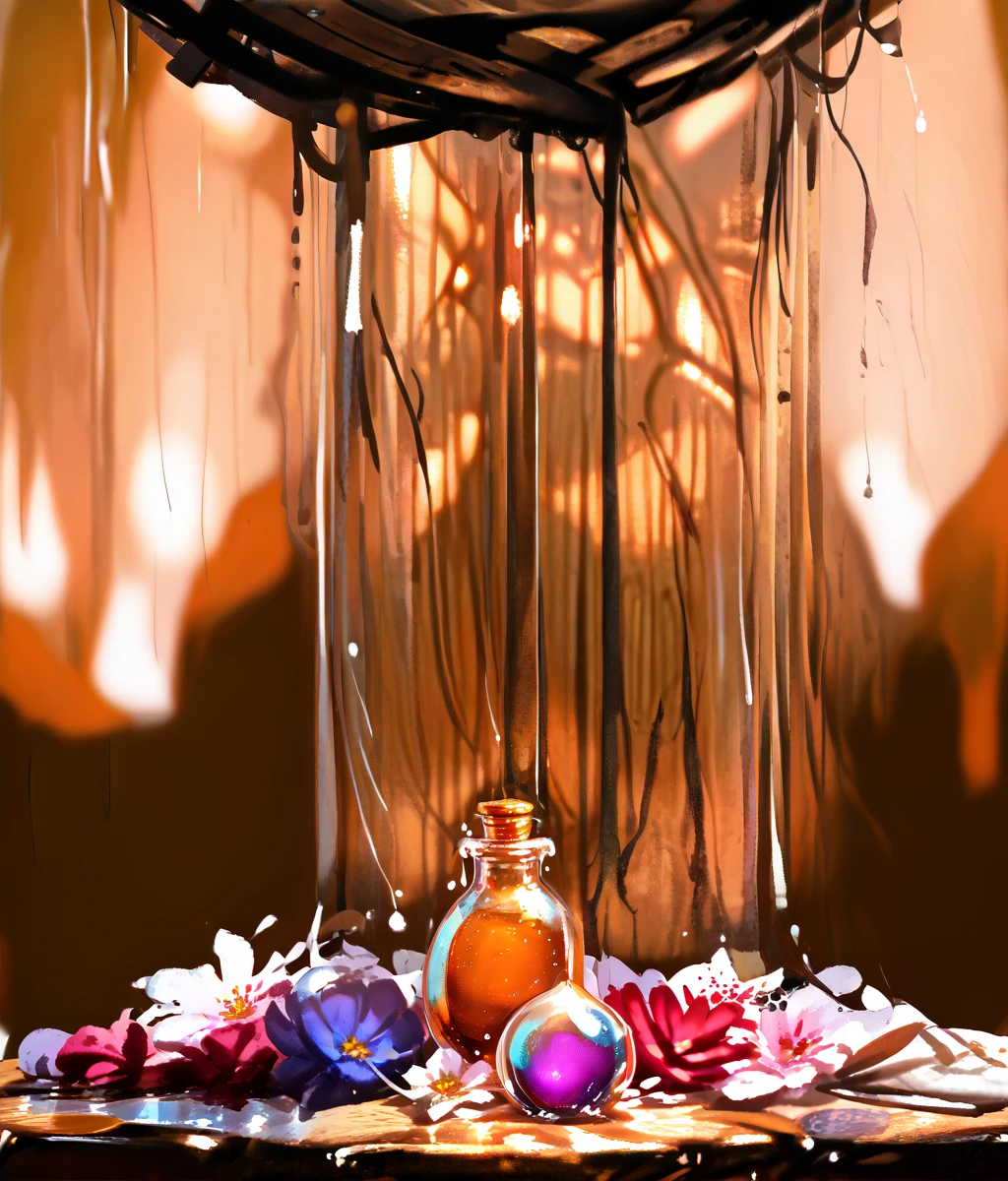 score_9, score_8_up, score_7_up, score_6, still life, ((large potion)) close-up, solo focus, bokeh, ancient wooden table, flowers, wet, rainworldartstyle <lora:Rainworld_paintings_artstyle_sdxl:1>