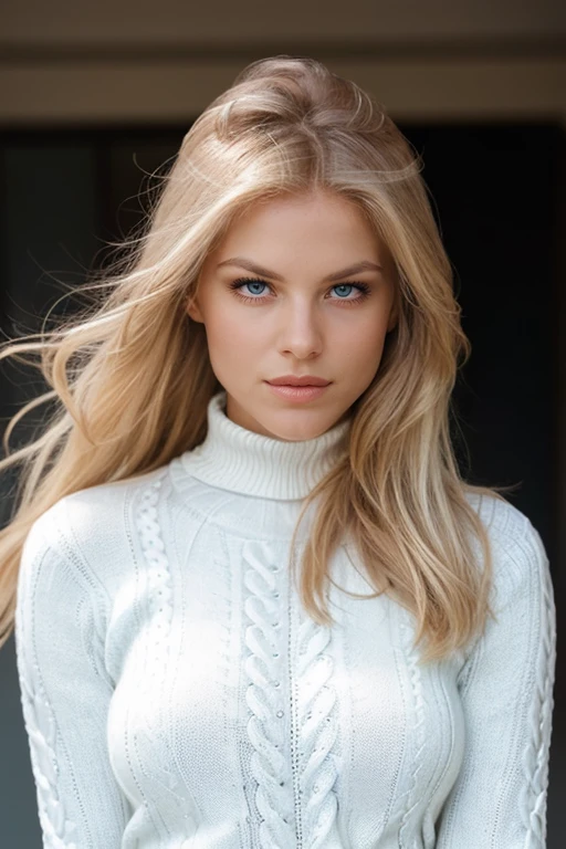 a breathtaking beauty photo of a beautiful woman <lora:VictoriaSilvstedt:1>, ultra blonde hair, long hair, blue eyes, simple neutral background, dramatic rim lighting, fill lighting,  increased detail, increased sharpness, increased contrast, looking at viewer,  OverallDetail,   fcPortrait, dutch angle, wearing a white turtleneck sweater