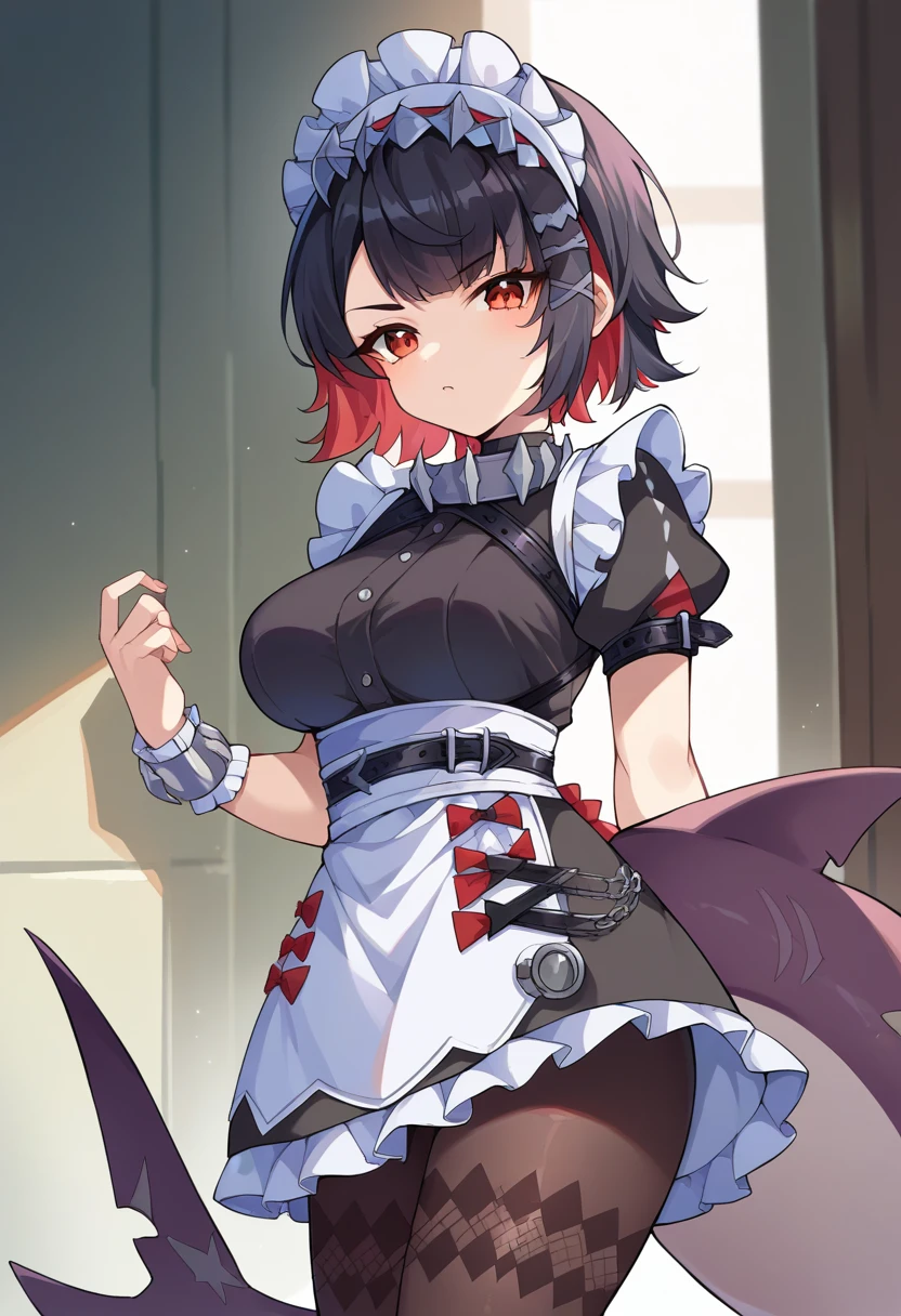 score_9, score_8_up, score_7_up, source_anime BREAK 1girl, solo, standing, 
<lora:wrenchzzzellenjoe:1>, ellenjoe, red eyes, black hair, red hair, multicolored hair, short hair, bangs, x hair ornament, 
maid headdress, maid, puffy short sleeves, wrist cuffs, maid apron, frills, pantyhose, 
tail, shark tail, 
looking at viewer,