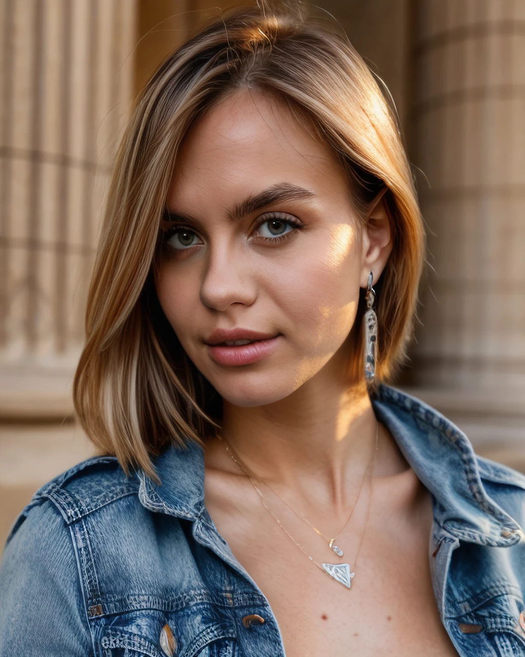 lanal, professional portrait of 1girl in a denim jacket, lip gloss, lips, youthful, pretty face, necklace, face details, looking at viewer, lips parted (Vienna background), sharp focus