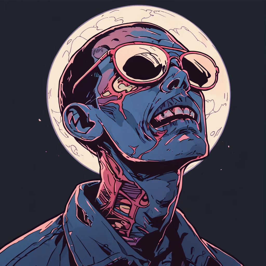 score_9,score_8_up,score_7_up, ,score_6_up,score_5_up,,score_4_up, <lora:retro-neon-style:0.8>,
retro_neon, solo, 1boy,zombie, male focus, simple background, teeth, moon, black background, sunglasses,