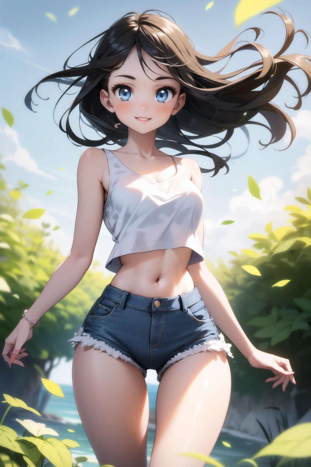 1girl, black hair, long hair, blue eyes, 
white camisole, crop top, 
denim shorts, high-waist shorts,
ass visible through thighs, hips,
floating hair, leaves, shadow, wind, light particles, light smile,, masterpiece, best quality, highly detailed