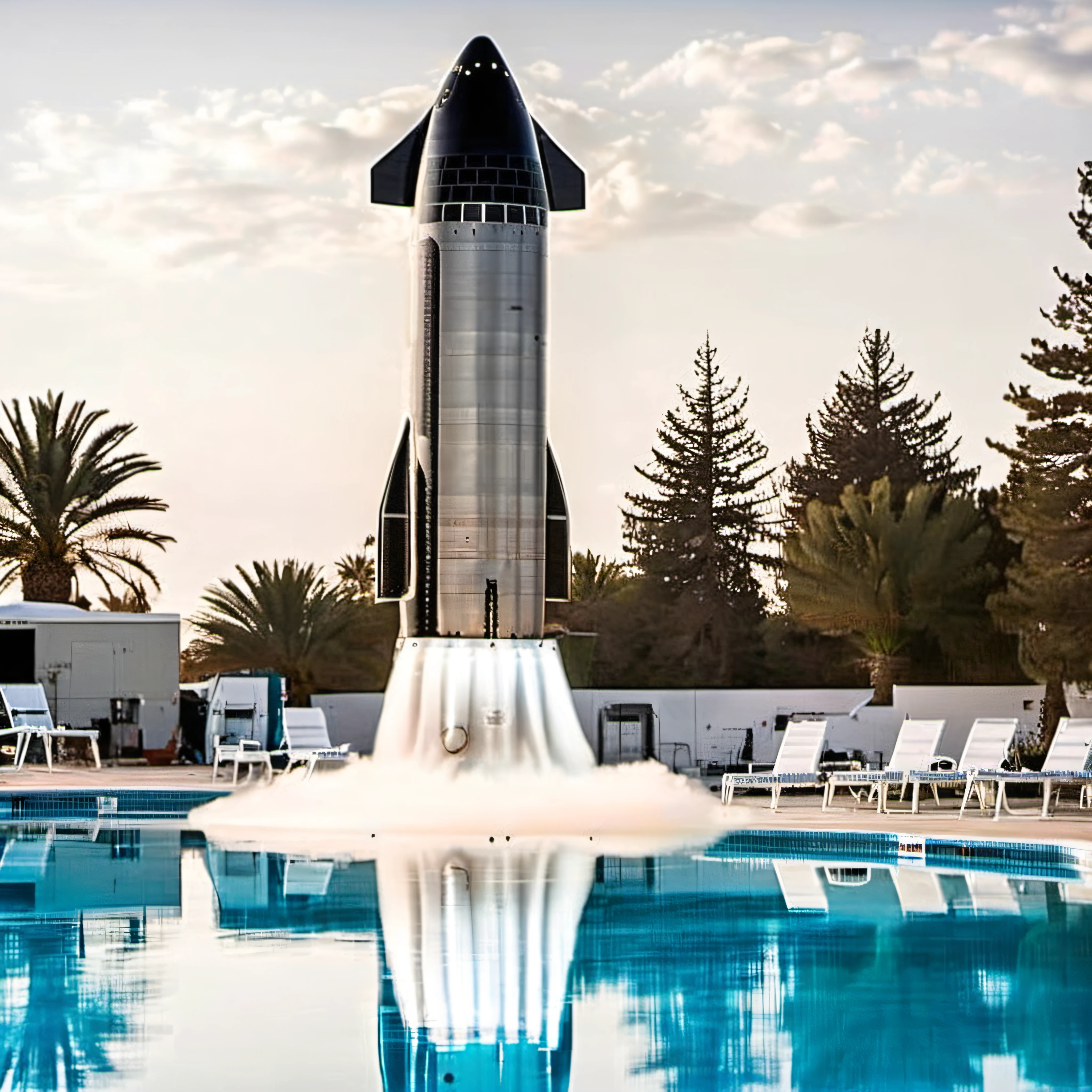 Crew 1starship landing on a swimming pool, engines on, photograph