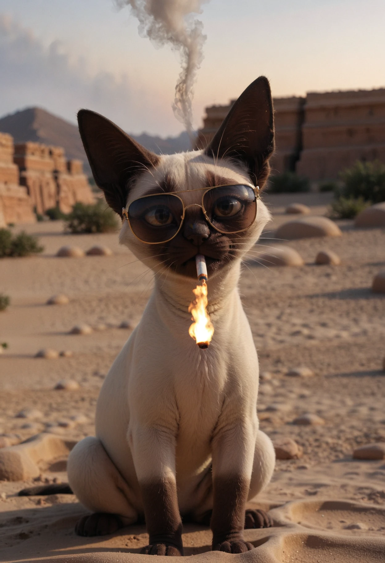 animal, elegant siamese cat, egypt, solo, beige fur, large ears, sunglasses, smoking,
long shadows, sunset, heat, gradient sky,
scenery, outdoors, arid desert, sand dunes