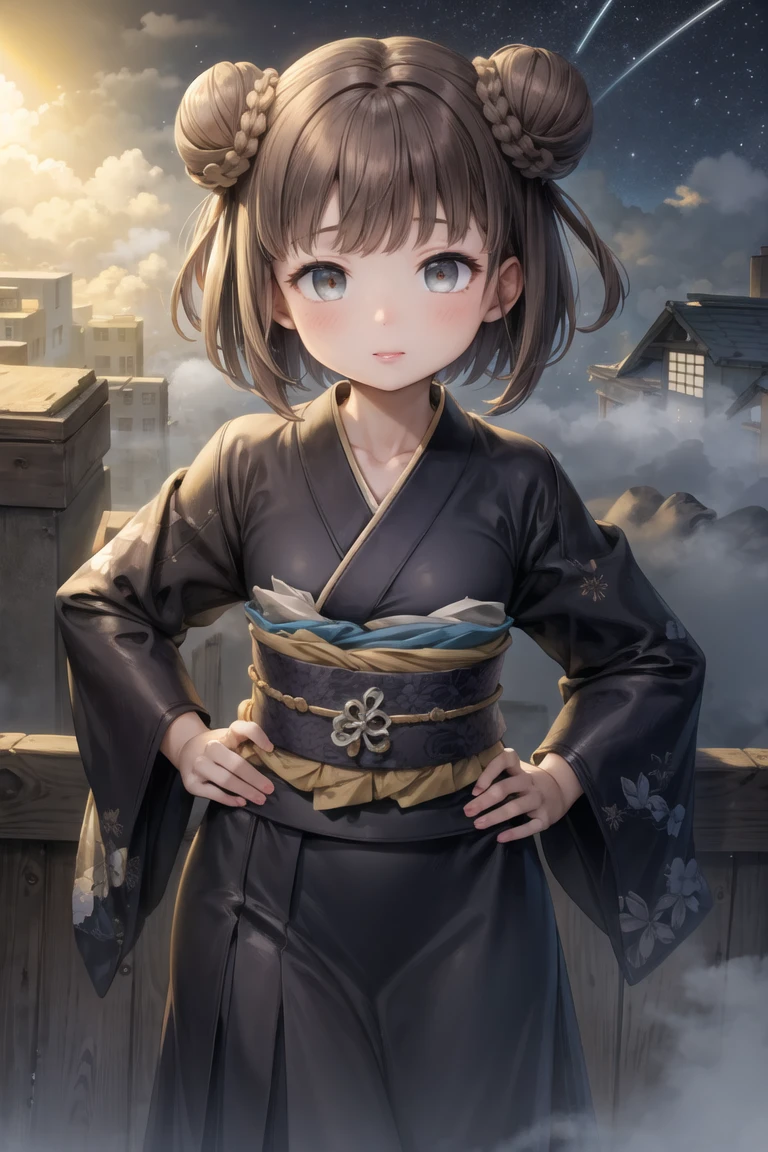 (masterpiece, best quality:1.2), 1girl, solo, cowboy shot,
on top of a building, at night, (heavy fog:1.3) and bright stars,
wearing a kimono,  hands on hips, 
lipstick, eyeshadow, (short hair:1.1), (double bun hair:1.1), (oily skin:1.1), 
<lora:sugiyuu-10:0.8:lbw=ALL>