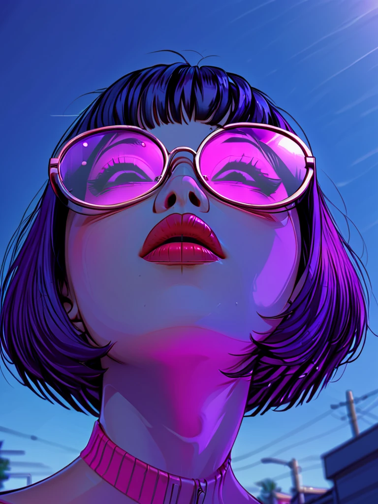 masterpiece,high resolution,<lora:retro-neon-xl-style:1>,
retro_neon, 1girl, solo, short hair, glasses, tinted eyewear, sunglasses, portrait, lips,looking up,glasses reflection