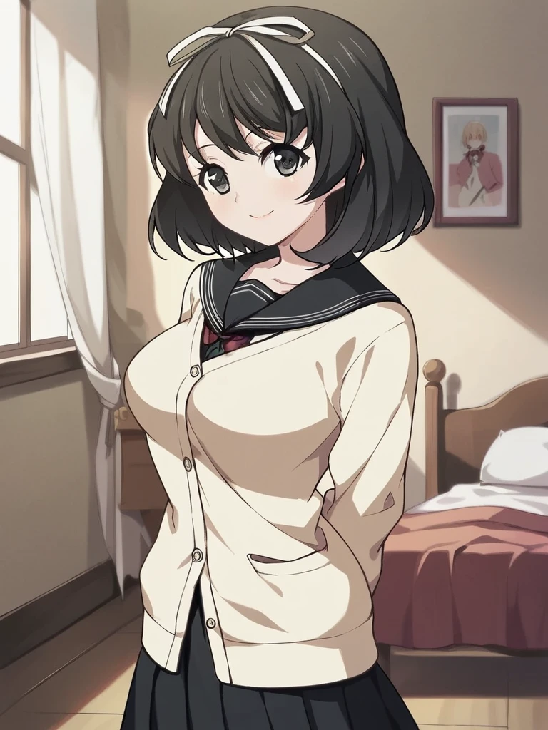 score_9, score_8_up, score_7_up, 
1girl, hokari kanae, black hair, medium hair, black eyes, hair ribbon, white ribbon,
medium breasts,
standing, indoors, bedroom, looking at viewer, smile,
school uniform, cardigan, black sailor collar, black skirt, arms behind back,