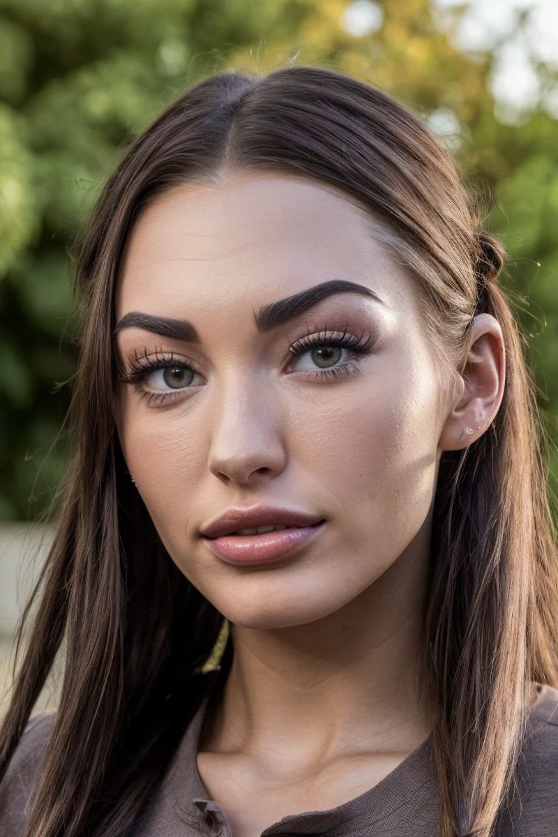 headshot of S468_ShaidenRogue,a gorgeous woman,in a (garden:1.1),wearing a (henley shirt),(pigtails),(4k, RAW photo, best quality, 50mm, depth of field, ultra high res:1.1),(intricate, photorealistic, cinematic-shot, masterpiece, ultra-detailed:1.1),