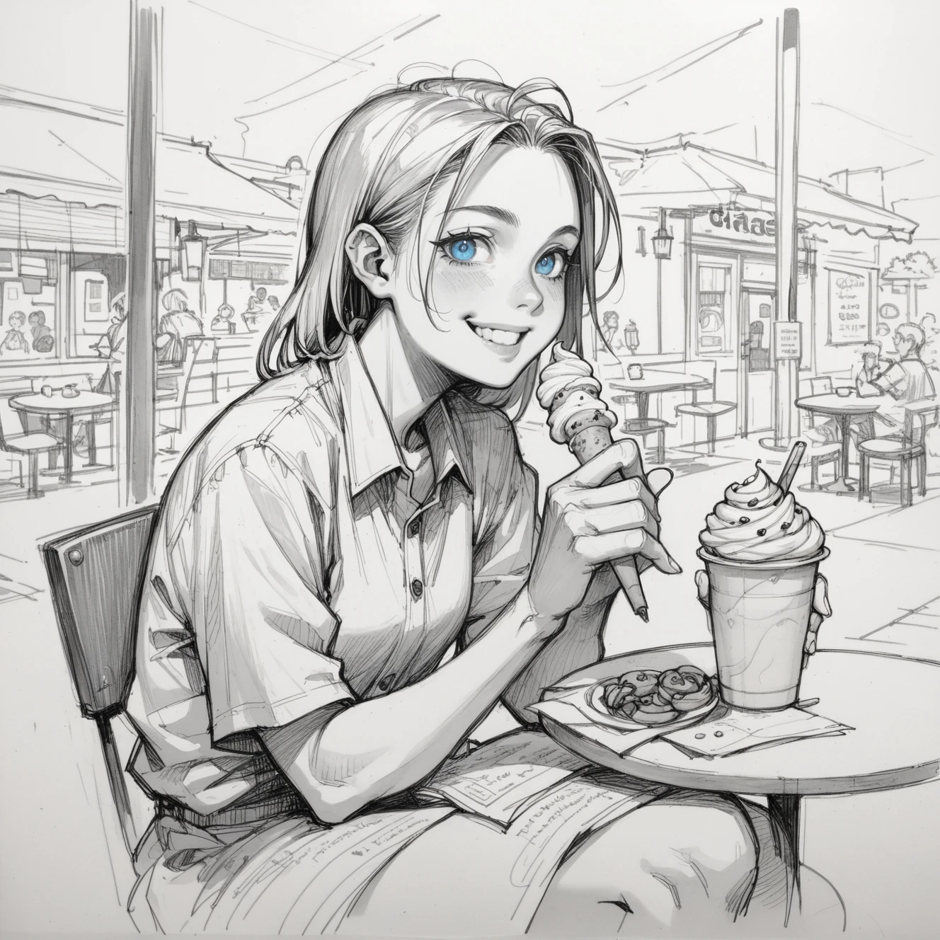 score_9, score_8_up, score_7_up, score_6_up, source_anime, 1 girl, eating ice cream, smiling, sitting, cafe, vibrant blue eyes, highlight, pencil sketch in chrc_style, drawing, texture, thick lines, white paper,<lora:Pencil_charcoal_Pony-10:1>