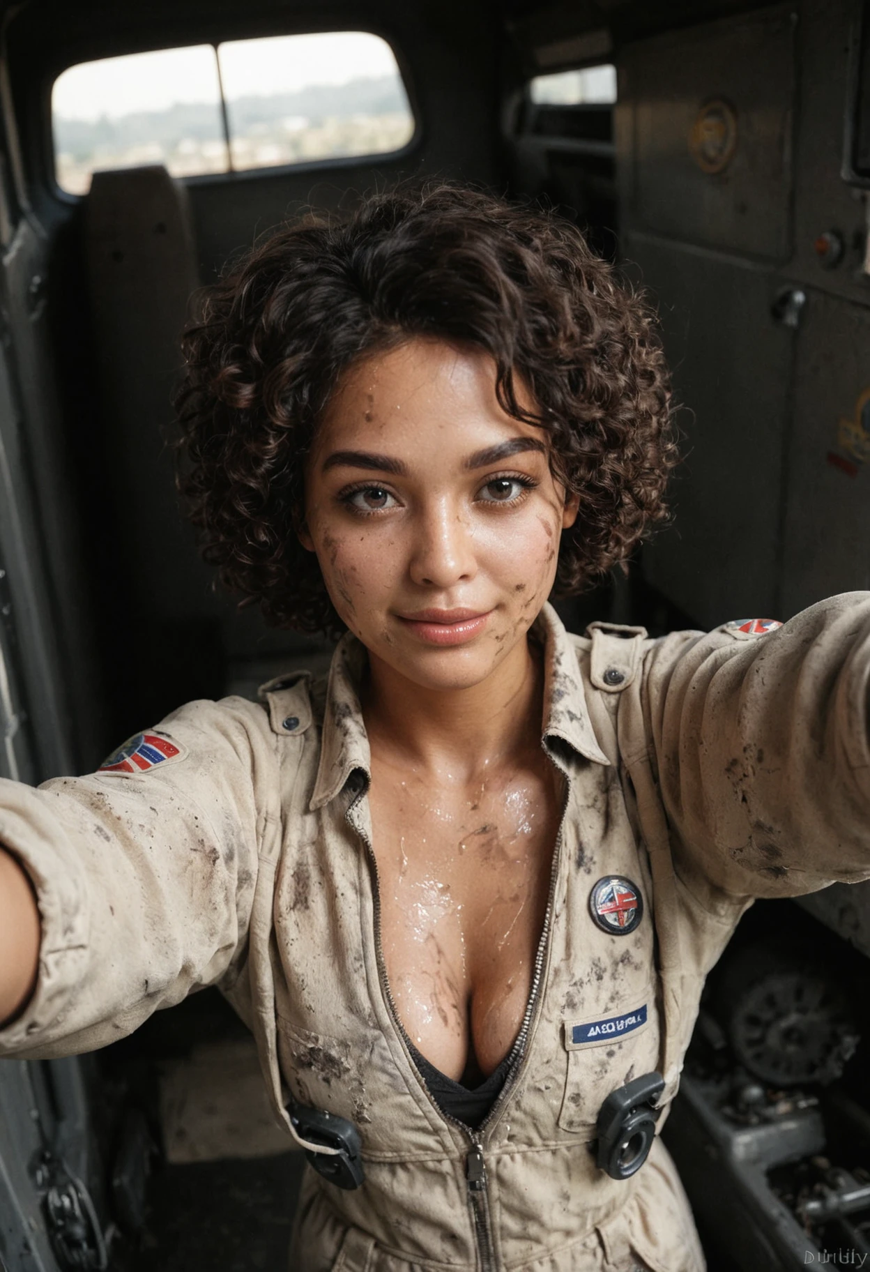 sideways glance, high angle, 1girl, young latina woman, short curly black hair, upper body, cleavage, boilersuit, muscular, thin, old broken car, engine, oil, dirty, (smile:0.7), outstretched arms, incoming hug, hands,
indoors, garage, dimly lit, low light, dark, backlit, depth of field