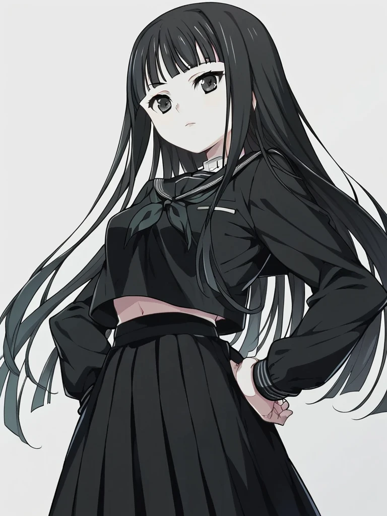 score_9, score_8_up, score_7_up, 
1girl, byakuya rinne, black hair, long hair, blunt bangs, hime cut, black eyes,


black serafuku, black skirt, pantyhose, standing, outdoor, school, hands on hips, expressionless, looking at viewer,