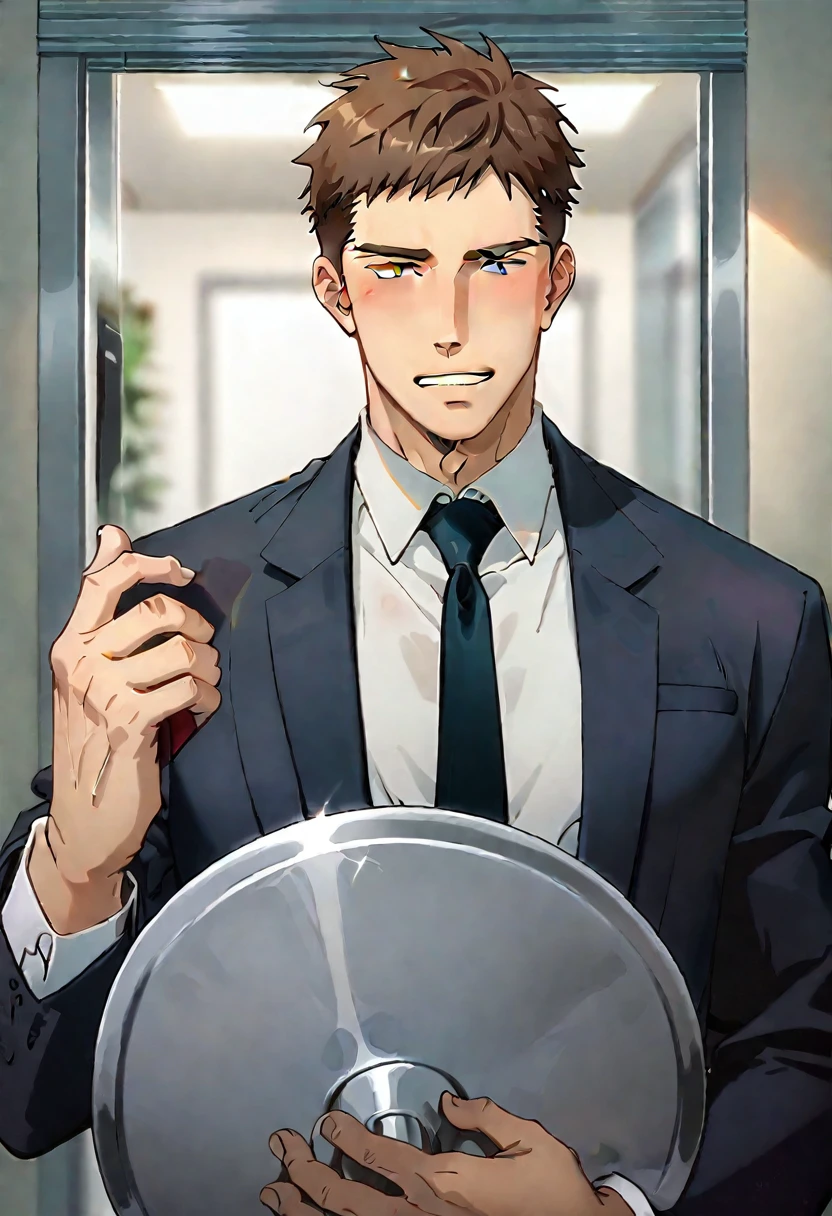 (score_9, score_8_up, score_7_up), ((source anime, best quality, best aesthetic, perfect anatomy, Gold Ratio, Art Composition, zPDXLxxx)), 1boy, doumeki, male_focus, handsome detailed face, black eyes, collared shirt, blazer, necktie, solo, modern office, portrait, (((Happy, Soft illuminaotion, zoomed out, Grabbing, Hiding, holding_tray))), <lora:aesthetic_anime_v1s:1>, <lora:Smooth Anime 2 Style SDXL_LoRA_Pony Diffusion V6 XL:1>, <lora:Doumeki:0.8>