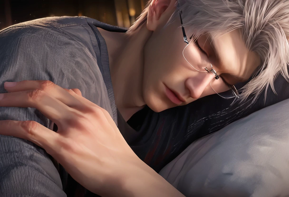 1boy, solo, male focus, toned male, Sylus_(Love_and_Deepspace), Sylus, Qinche, White hair, Red eyes, pale skin, detailed eyes, satisfaction, satisfied, neutral, (full body:1,5), (legs, hands, feet, eyes, socks:1.1)
glasses, closed eyes, grey casual clothes, long sleeves, long pants, sleeping, deep sleep, in bed, handsome, golden hour, beautiful light, light flare, 
leg spread, view from bottom, intense shadow, intimidating, chest close to viewer, dark light, no light, shadow, 
rating PG, score_9,score_8_up,score_7_up, source_anime, 
male focus, Muscular,
big thigh, big thigh, big chest, hung, manly, tall, detailed eyebrow, sharp eyebrows, focus on thigh, hairy thigh, thigh focus, random view