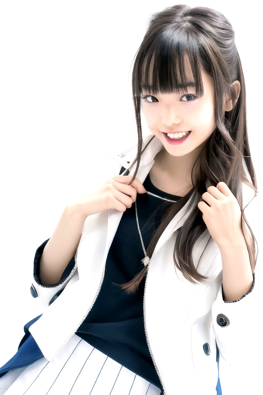 1girl, solo, flat chest, looking at viewer, realistic, photorealistic, smile, long hair, bangs, teeth, jewelry, hyper detailed, super sharp, crisp, smooth, smooth gradients, depth of field, (in studio: 1.1), (white background: 1.1), <lora:mayuodenimu:1>, <lora:breastsizeslideroffset:-0.4>, <lora:add_detail_v5:1>, student uniform, serafuku, skirt, (sfw: 1.1), open jacket