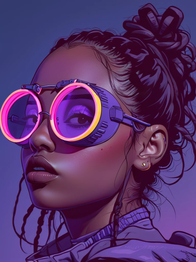 masterpiece,high resolution,<lora:retro-neon-xl-style:0.8>,
retro_neon, solo, 1girl, goggles, portrait, tinted eyewear, parted lips, dark skin, dreadlocks