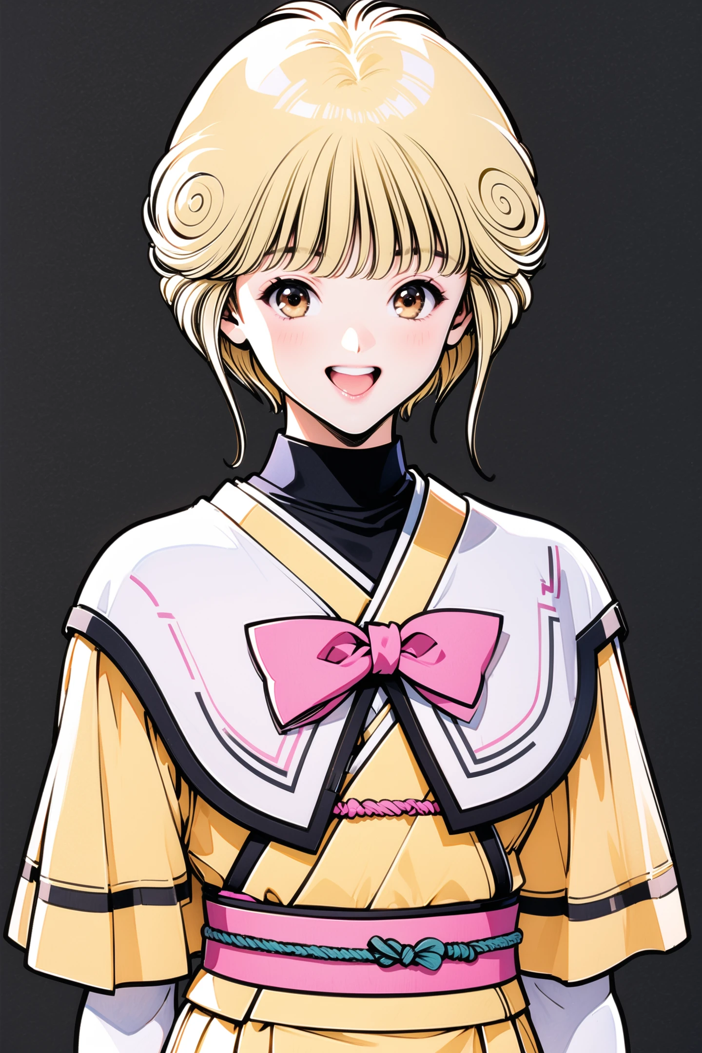 Katsura Masakazu Style,
Ai Amano,1girl,solo,short hair,blonde hair,smile,open mouth,brown eyes,yellow short kimono white pantyhose white capelet pink obi pink bow,simple background,upper body,black background,traditional media,