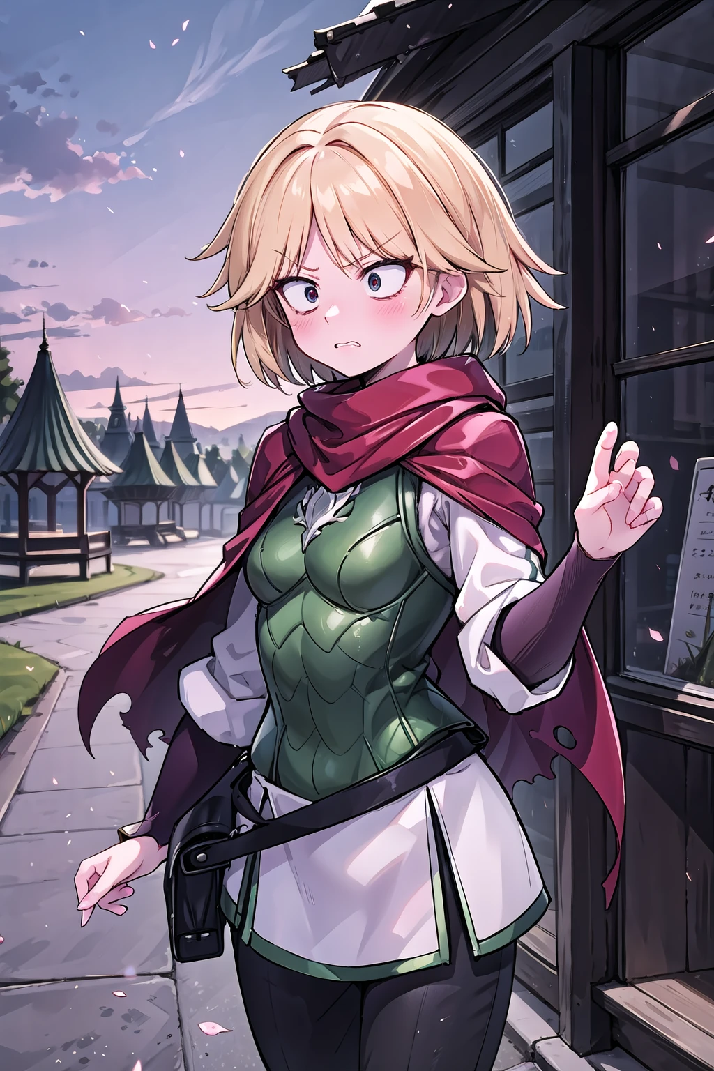 (masterpiece), best quality, high resolution, extremely detailed, detailed background, neia_White_dress_Green_armor, neiabaraja, looking_to_the_side, small_breasts, solo, wide-eyed, open_mouth, upper_teeth_only, frown, surprised, blush, armor, long_sleeves, vambraces, black_pants, belt_pouch, red_cape, red_scarf, torn_cape, outdoors, nature, sky, day, blurry_background, <lora:Neia_V1:0.8>